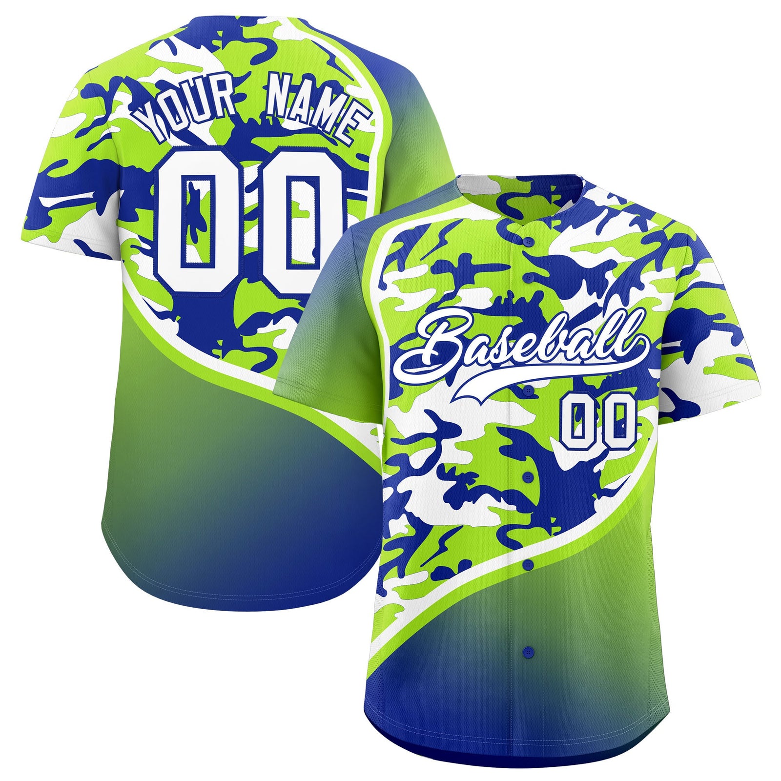 Custom Neon Green Royal Blue White Camo Gradient Fashion Baseball Jersey | Perfect for Training,Sublimation Printed & Stitched,Add Name and Numbern,Perfect for Teams | KXKSHOP
