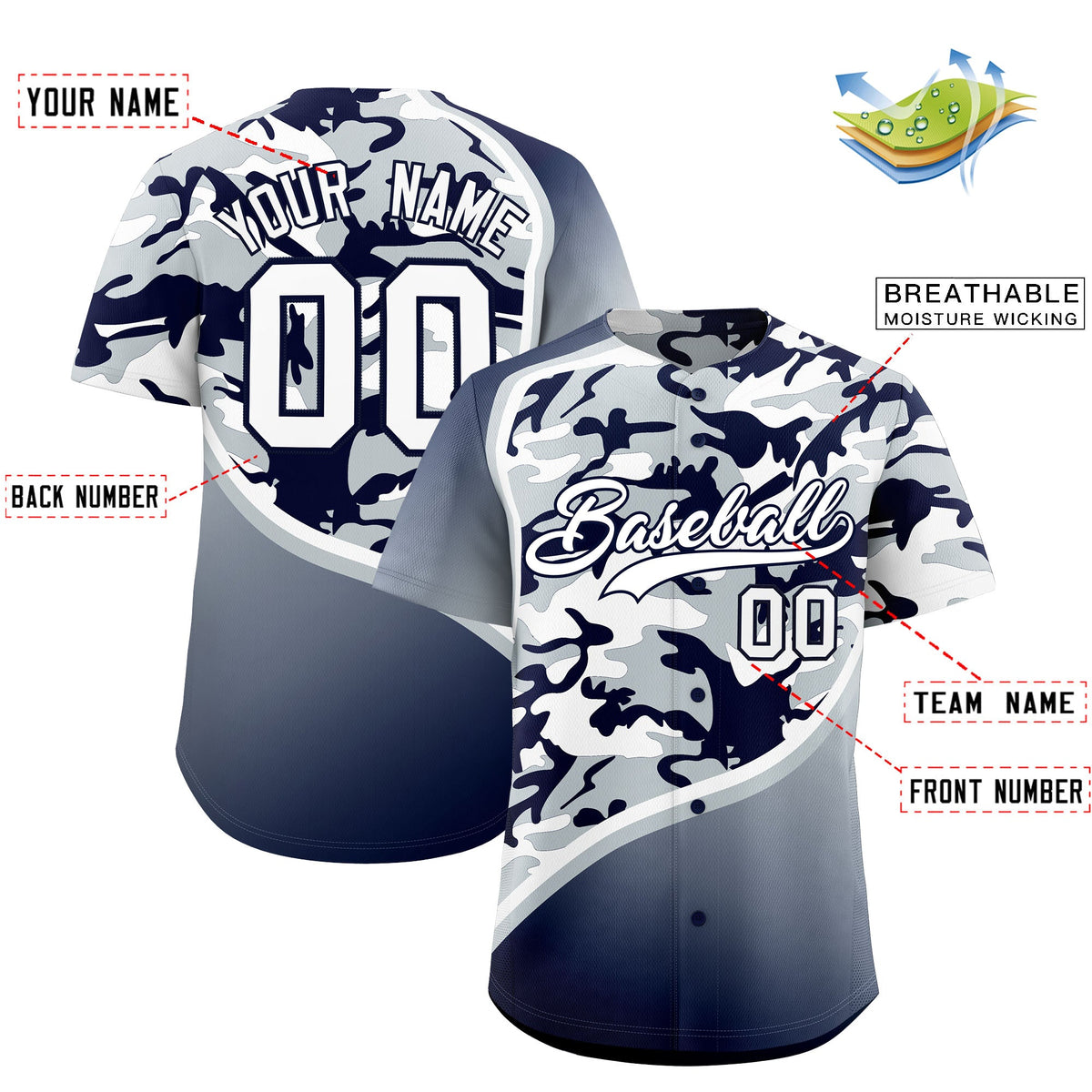 Custom Silver Navy White Camo Gradient Fashion Baseball Jersey | Perfect for Training,Sublimation Printed &amp; Stitched,Add Name and Numbern,Perfect for Teams | KXKSHOP