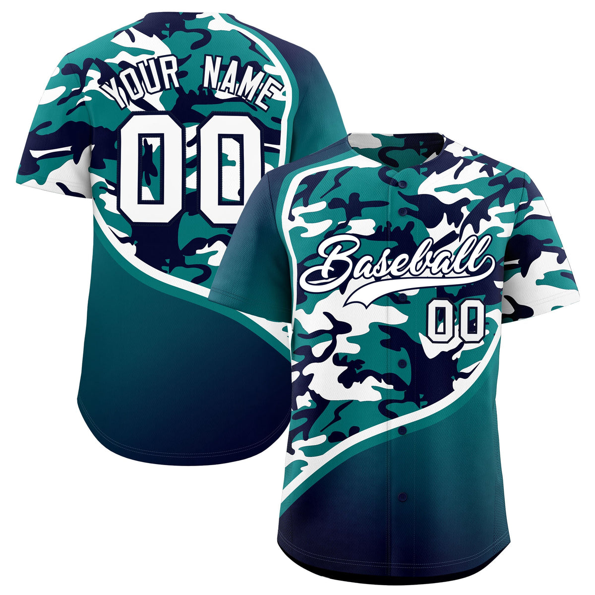 Custom Teal Navy White Camo Gradient Fashion Baseball Jersey | Perfect for Training,Sublimation Printed &amp; Stitched,Add Name and Numbern,Perfect for Teams | KXKSHOP