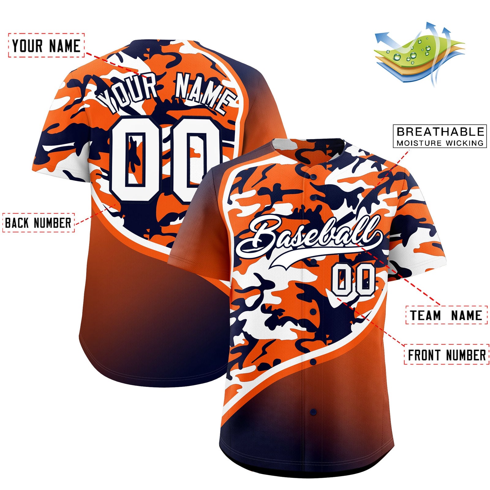 Custom Orange Navy White Camo Gradient Fashion Baseball Jersey | Perfect for Training,Sublimation Printed & Stitched,Add Name and Numbern,Perfect for Teams | KXKSHOP