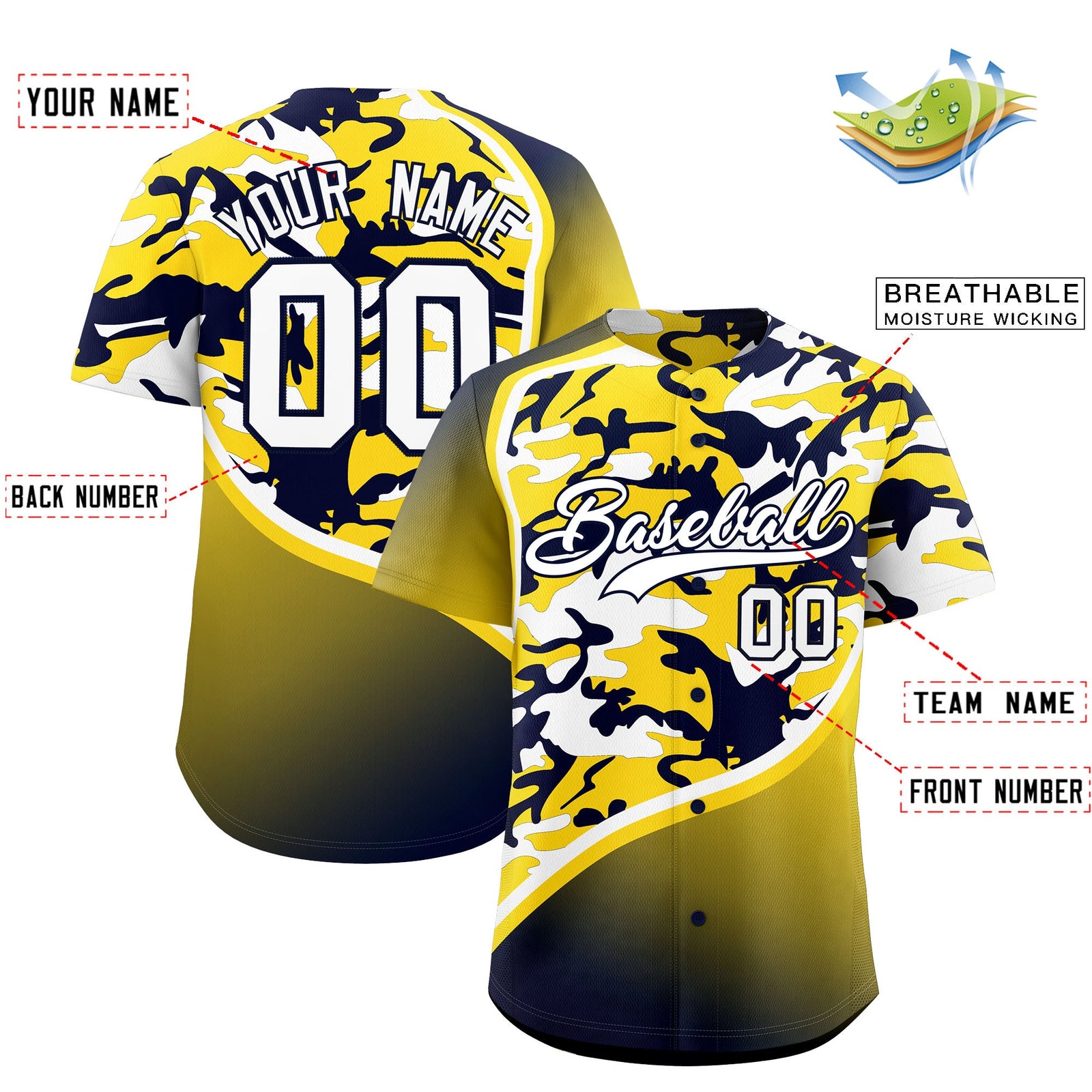 Custom Gold Navy White Camo Gradient Fashion Baseball Jersey | Perfect for Training,Sublimation Printed & Stitched,Add Name and Numbern,Perfect for Teams | KXKSHOP