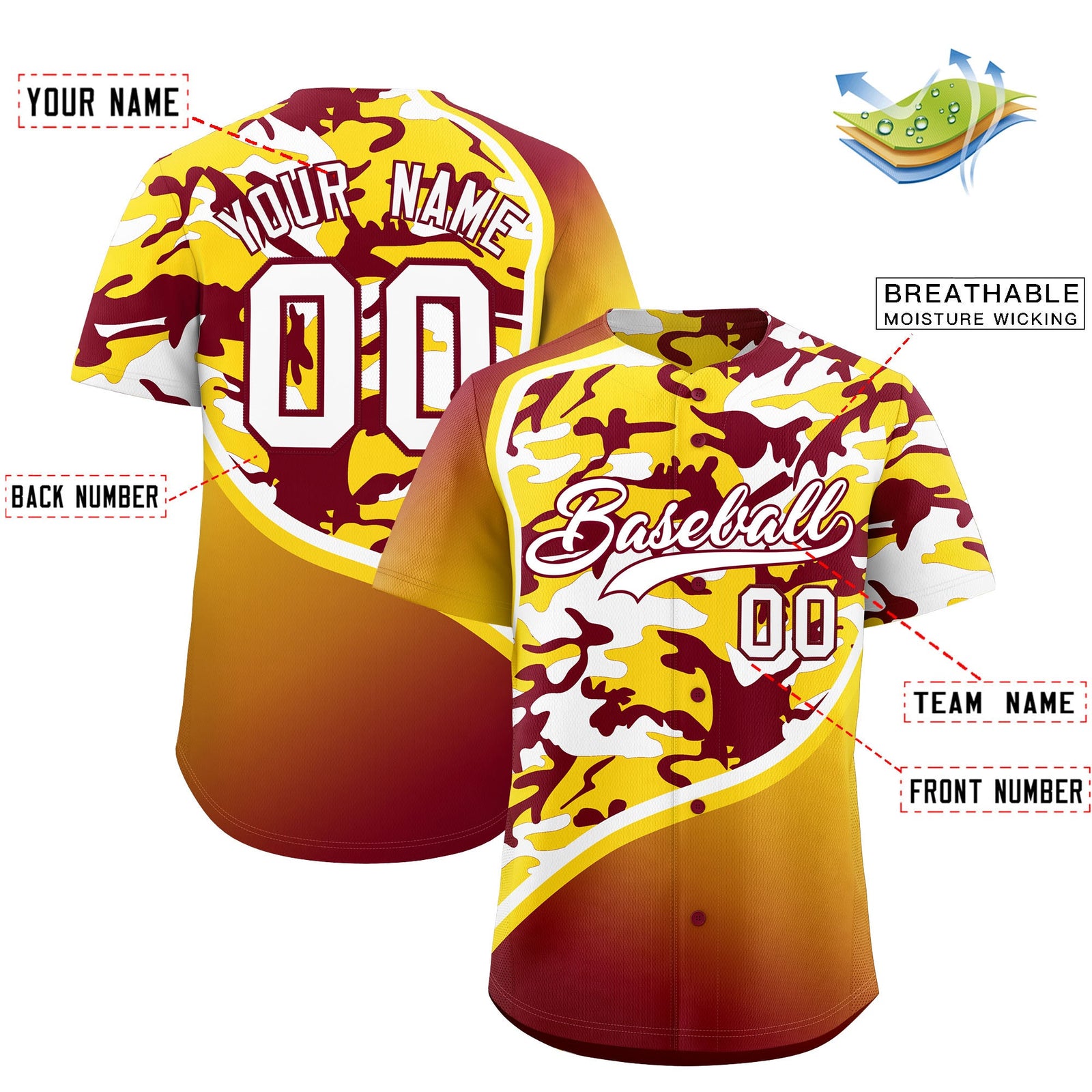 Custom Crimson Gold White Camo Gradient Fashion Baseball Jersey | Perfect for Training,Sublimation Printed & Stitched,Add Name and Numbern,Perfect for Teams | KXKSHOP