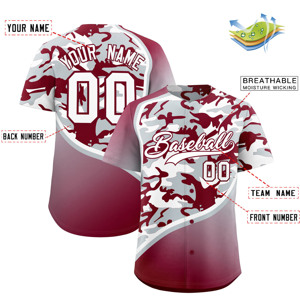 Custom Silver Crimson White Camo Gradient Fashion Baseball Jersey | Perfect for Training,Sublimation Printed &amp; Stitched,Add Name and Numbern,Perfect for Teams | KXKSHOP
