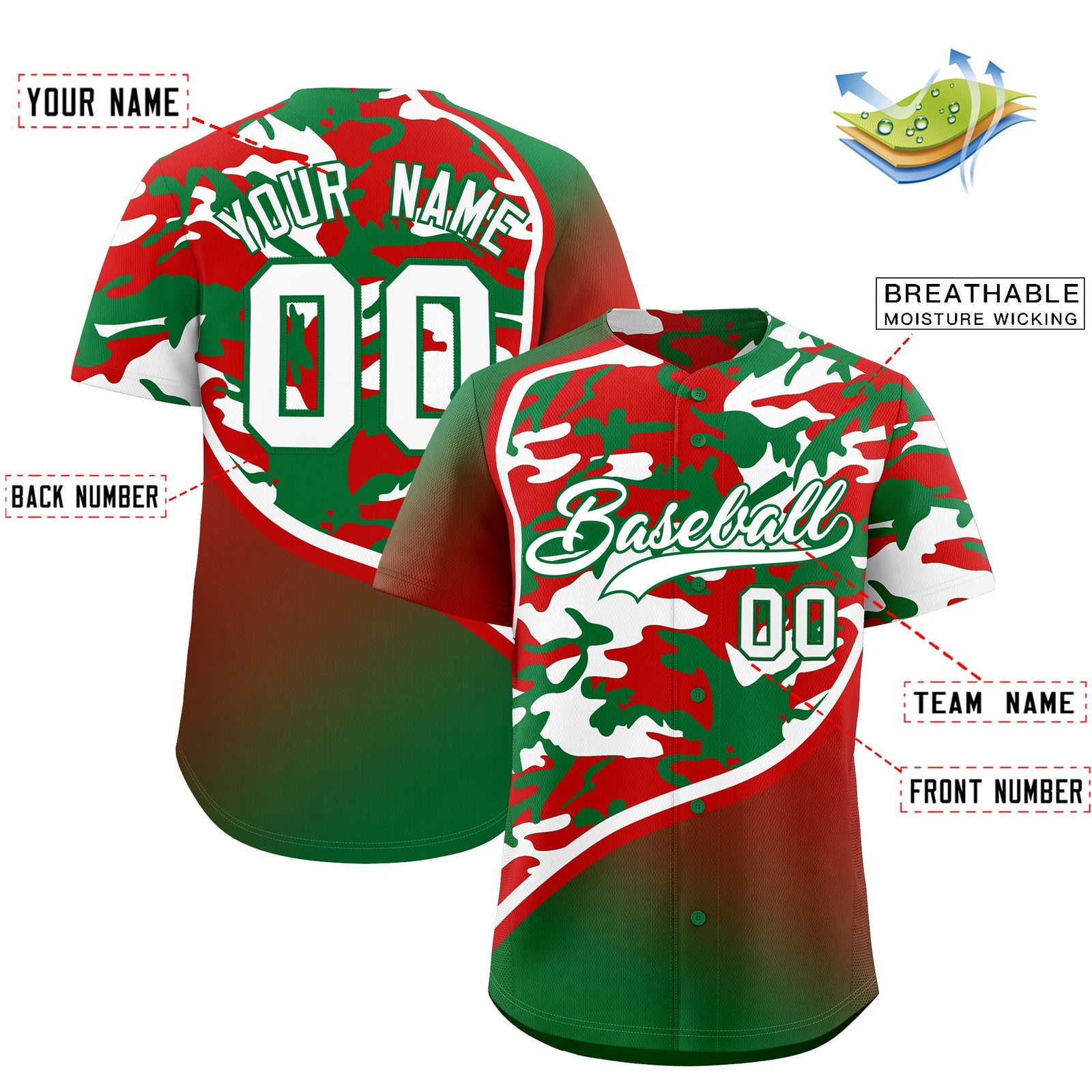 Custom Red Kelly Green White Camo Gradient Fashion Baseball Jersey | Perfect for Training,Sublimation Printed & Stitched,Add Name and Numbern,Perfect for Teams | KXKSHOP