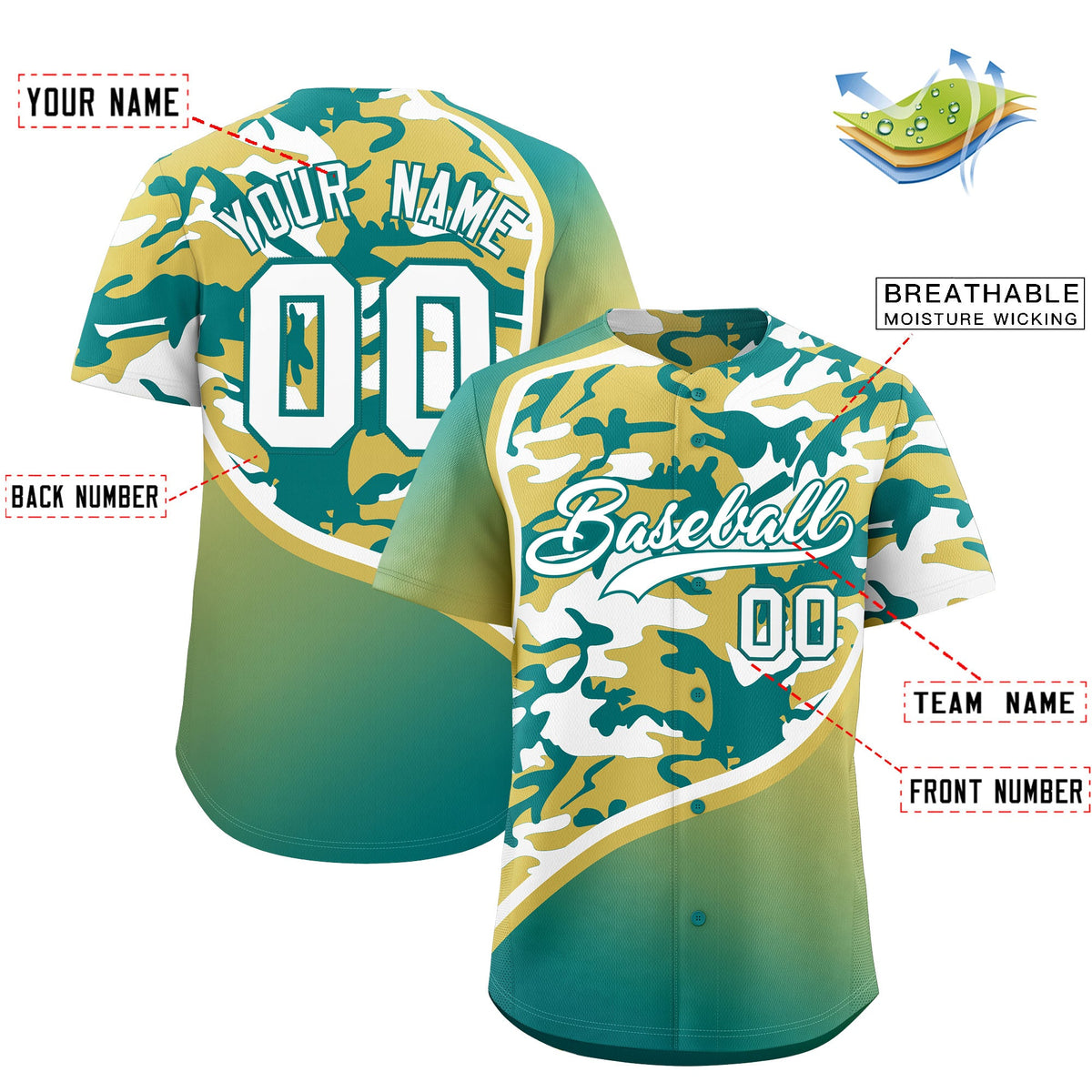 Custom Old Gold Teal White Camo Gradient Fashion Baseball Jersey | Perfect for Training,Sublimation Printed &amp; Stitched,Add Name and Numbern,Perfect for Teams | KXKSHOP