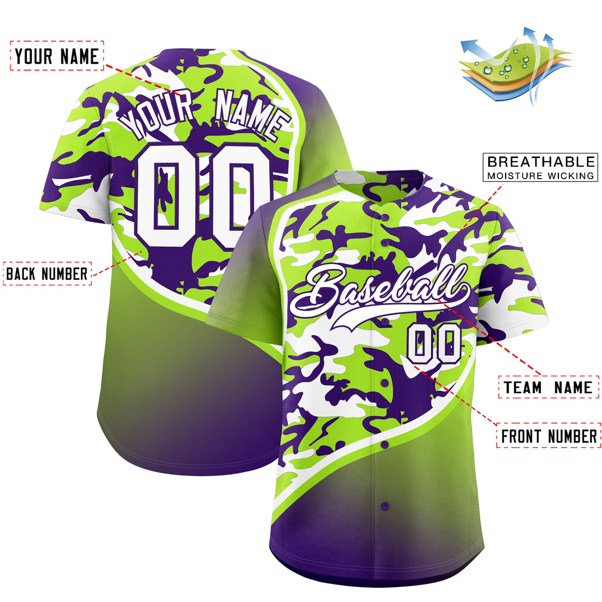 Custom Neon Green Purple White Camo Gradient Fashion Baseball Jersey | Perfect for Training,Sublimation Printed &amp; Stitched,Add Name and Numbern,Perfect for Teams | KXKSHOP