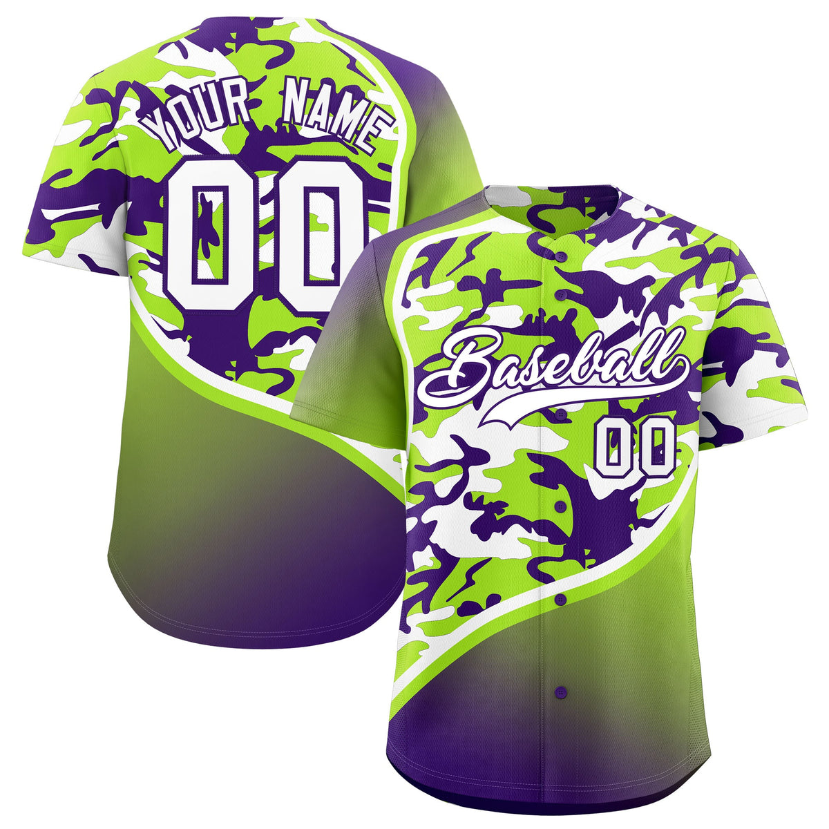 Custom Neon Green Purple White Camo Gradient Fashion Baseball Jersey | Perfect for Training,Sublimation Printed &amp; Stitched,Add Name and Numbern,Perfect for Teams | KXKSHOP