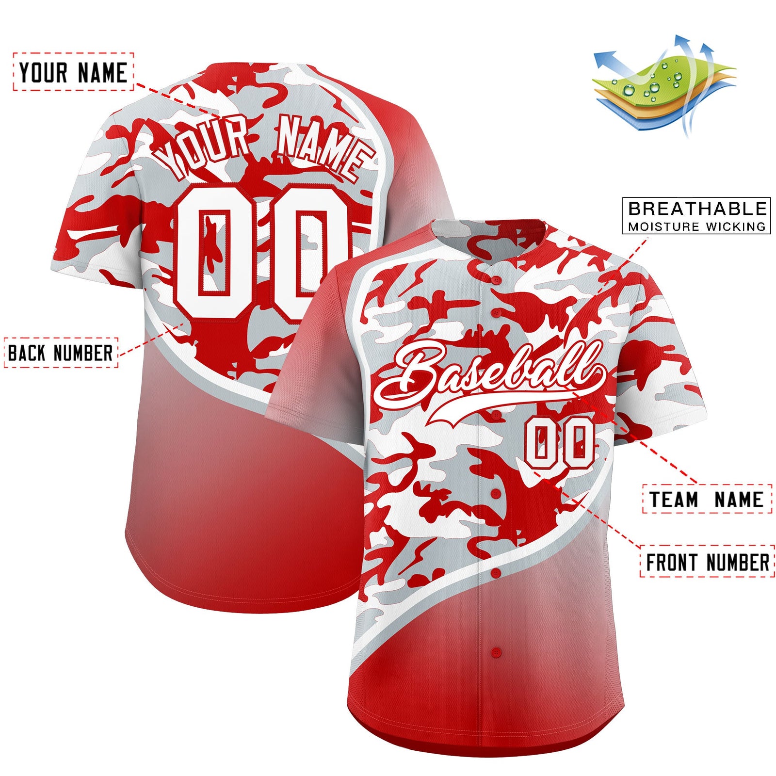 Custom Silver Red White Camo Gradient Fashion Baseball Jersey | Perfect for Training,Sublimation Printed & Stitched,Add Name and Numbern,Perfect for Teams | KXKSHOP
