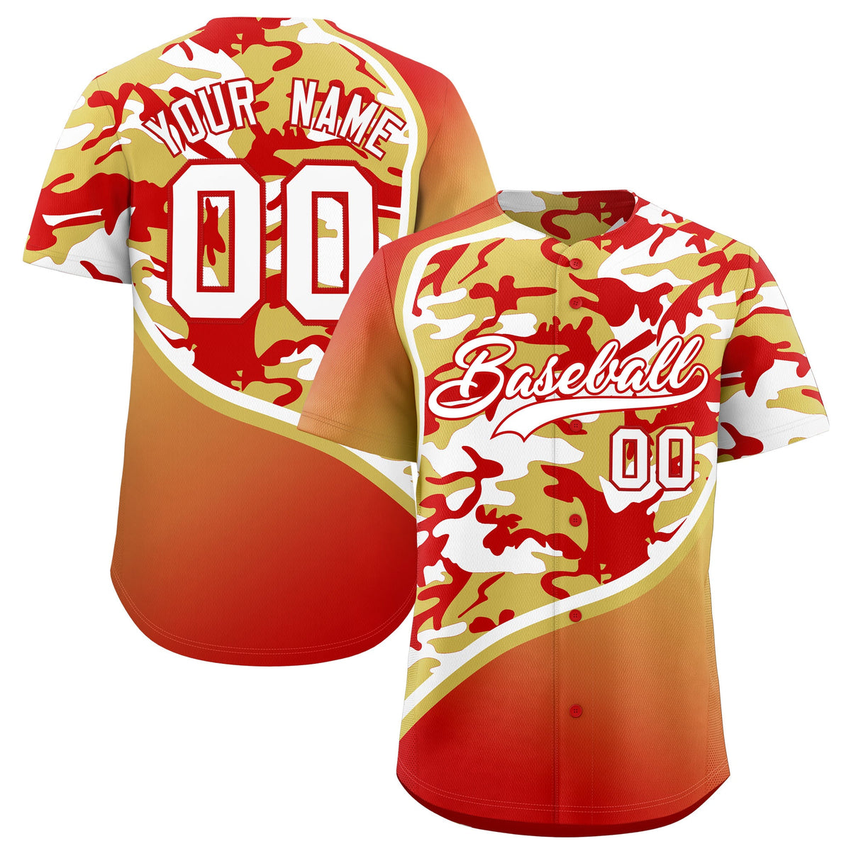 Custom Old Gold Red White Camo Gradient Fashion Baseball Jersey | Perfect for Training,Sublimation Printed &amp; Stitched,Add Name and Numbern,Perfect for Teams | KXKSHOP