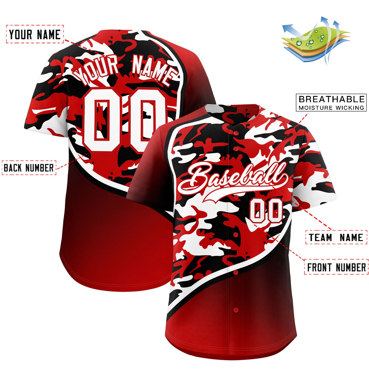 Custom Red Black White Camo Gradient Fashion Baseball Jersey | Perfect for Training,Sublimation Printed &amp; Stitched,Add Name and Numbern,Perfect for Teams | KXKSHOP