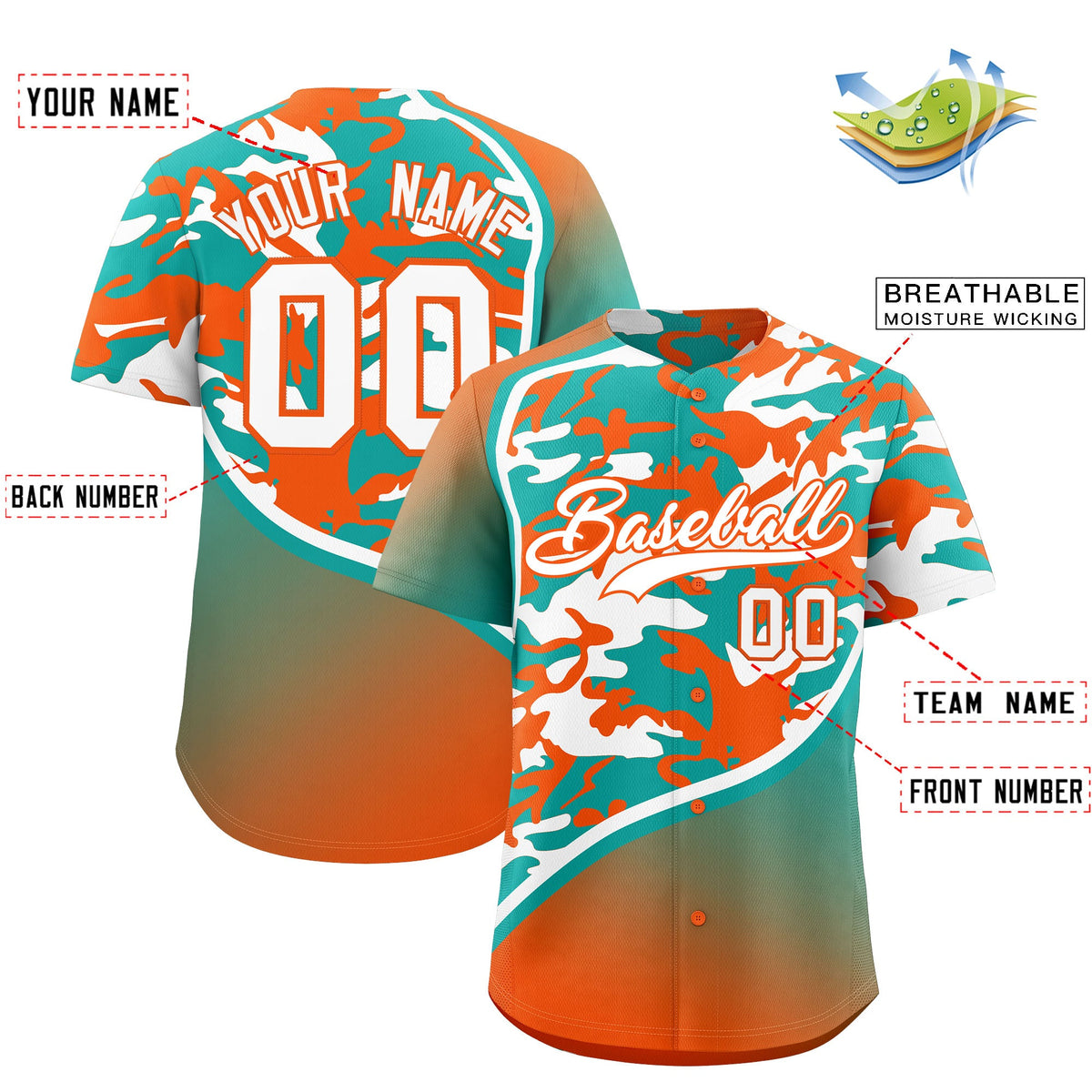 Custom Aqua White Orange Camo Gradient Fashion Baseball Jersey | Perfect for Training,Sublimation Printed &amp; Stitched,Add Name and Numbern,Perfect for Teams | KXKSHOP