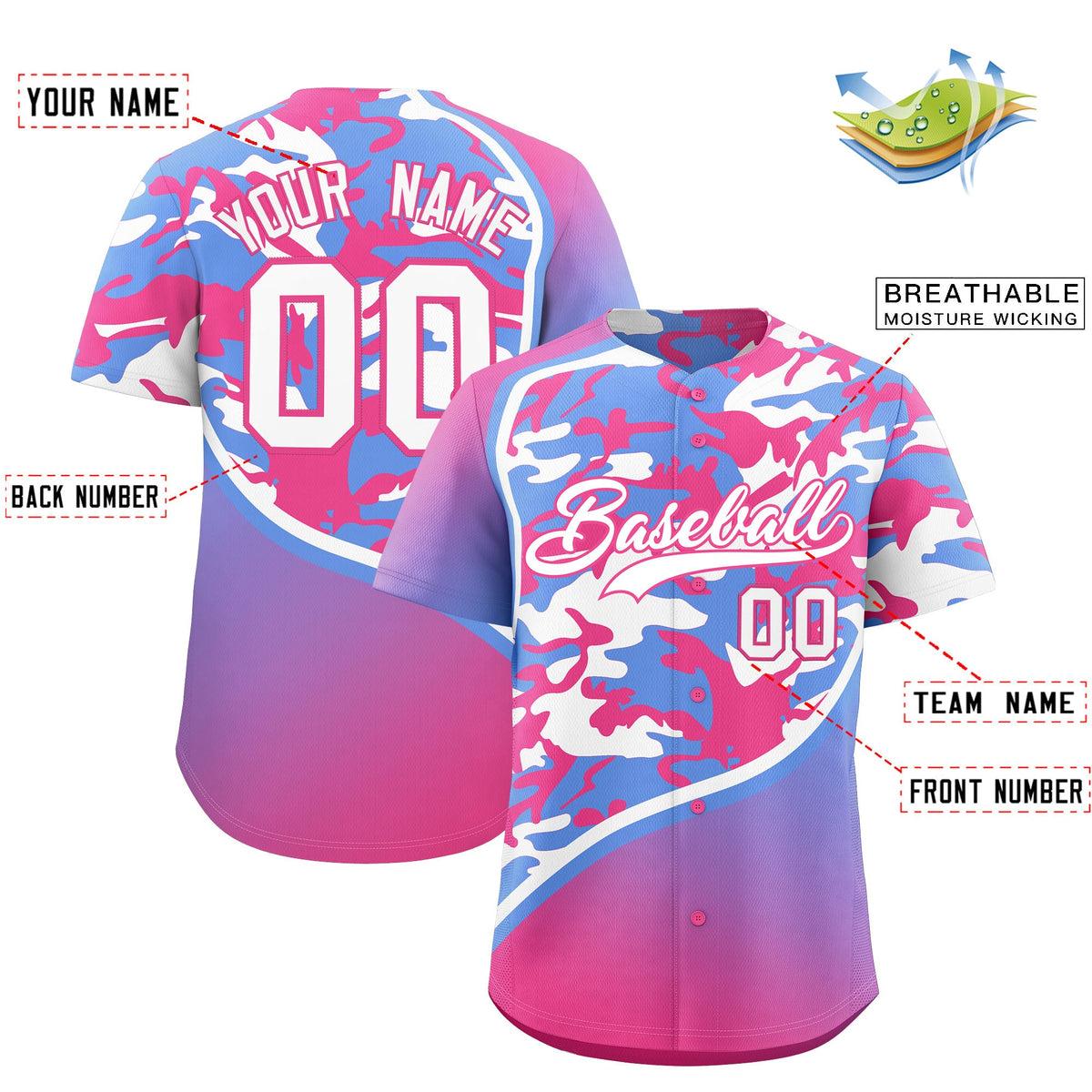Custom Light Blue Pink White Camo Gradient Fashion Baseball Jersey | Perfect for Training,Sublimation Printed &amp; Stitched,Add Name and Numbern,Perfect for Teams | KXKSHOP