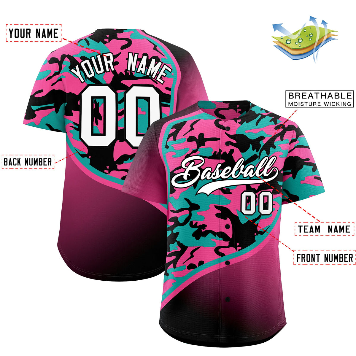 Custom Aqua Pink Black Camo Gradient Fashion Baseball Jersey | Perfect for Training,Sublimation Printed &amp; Stitched,Add Name and Numbern,Perfect for Teams | KXKSHOP