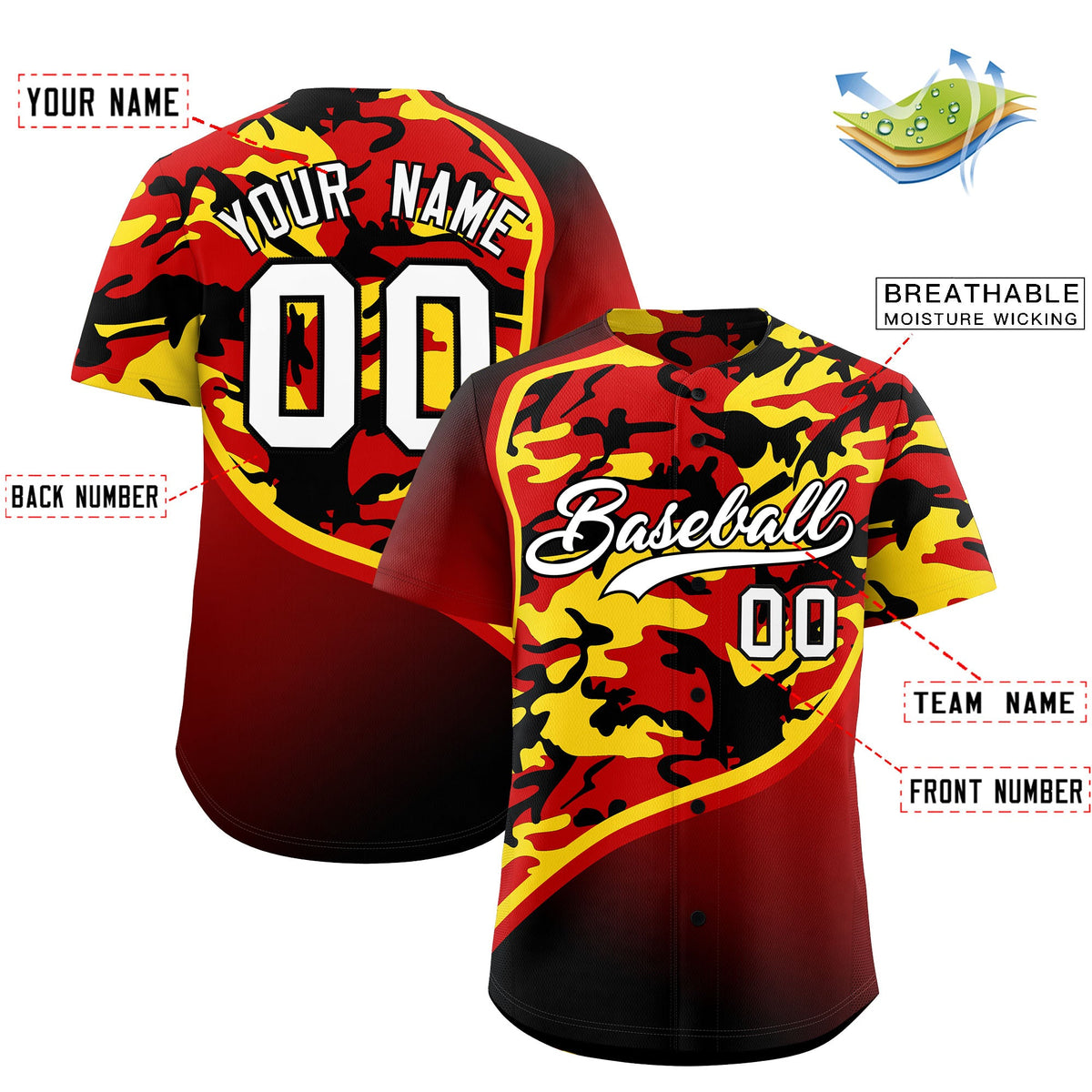 Custom Red Gold Black Camo Gradient Fashion Baseball Jersey | Perfect for Training,Sublimation Printed &amp; Stitched,Add Name and Numbern,Perfect for Teams | KXKSHOP