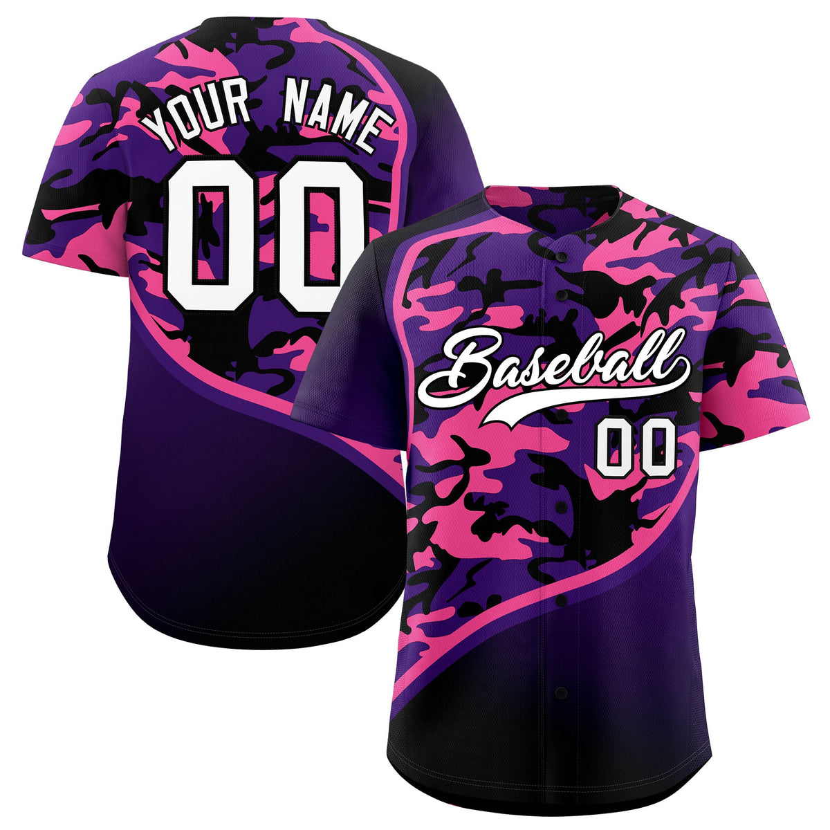 Custom Purple Pink Black Camo Gradient Fashion Baseball Jersey | Perfect for Training,Sublimation Printed &amp; Stitched,Add Name and Numbern,Perfect for Teams | KXKSHOP