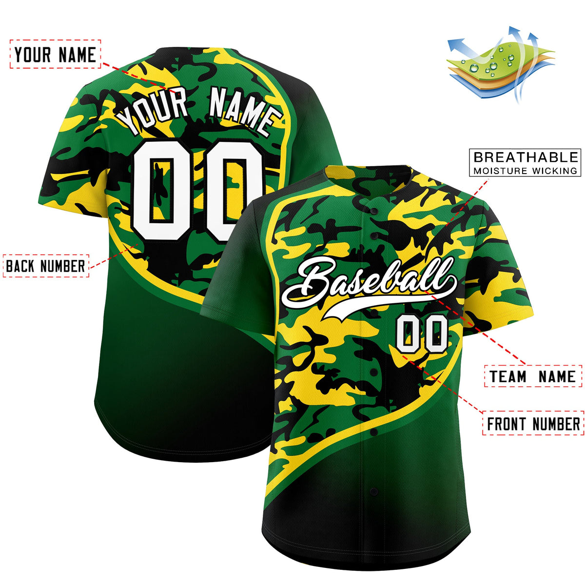 Custom Kelly Green Gold Black Camo Gradient Fashion Baseball Jersey | Perfect for Training,Sublimation Printed &amp; Stitched,Add Name and Numbern,Perfect for Teams | KXKSHOP