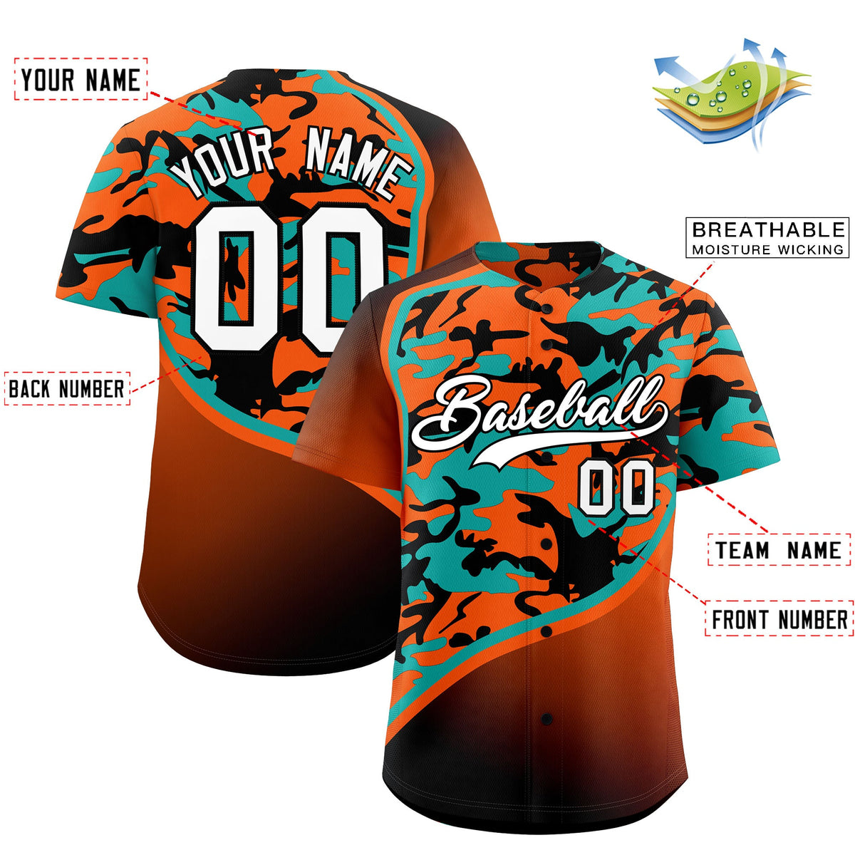 Custom Orange Aqua Black Camo Gradient Fashion Baseball Jersey | Perfect for Training,Sublimation Printed &amp; Stitched,Add Name and Numbern,Perfect for Teams | KXKSHOP