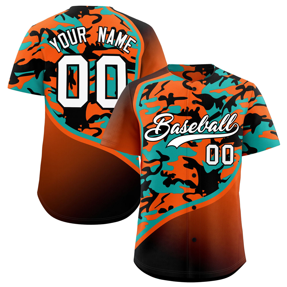 Custom Orange Aqua Black Camo Gradient Fashion Baseball Jersey | Perfect for Training,Sublimation Printed &amp; Stitched,Add Name and Numbern,Perfect for Teams | KXKSHOP