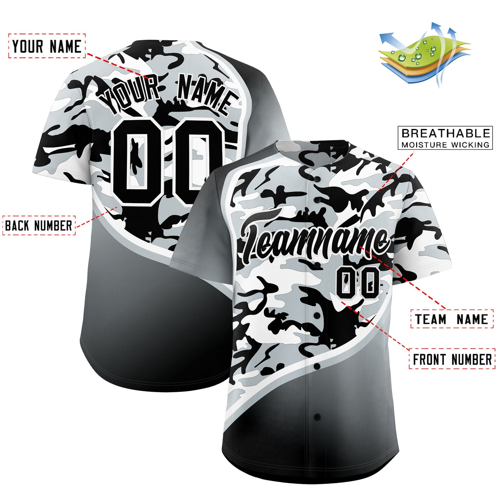 Custom Black Silver White Camo Gradient Fashion Baseball Jersey | Perfect for Training,Sublimation Printed & Stitched,Add Name and Numbern,Perfect for Teams | KXKSHOP