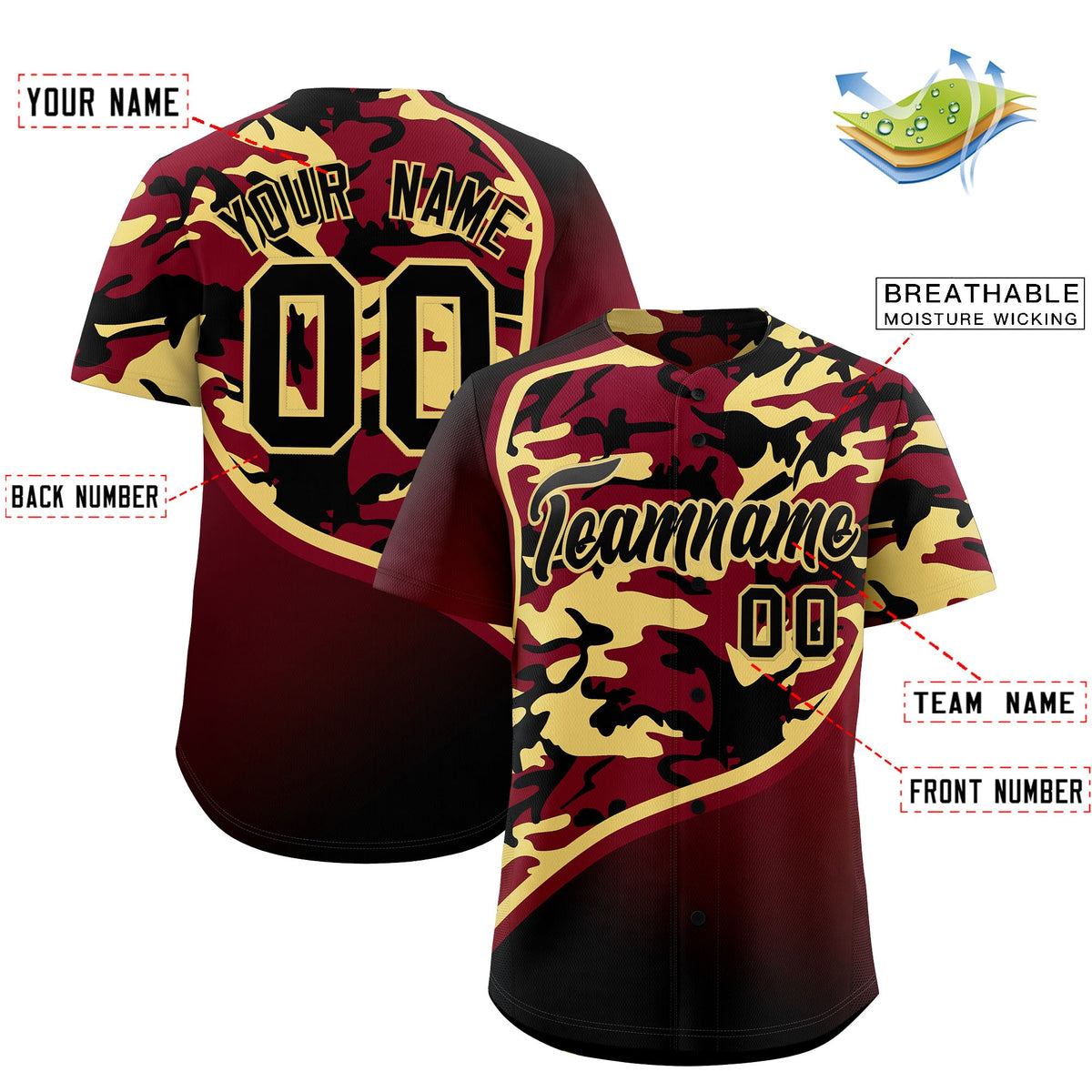Custom Khaki Crimson Black Camo Gradient Fashion Baseball Jersey | Perfect for Training,Sublimation Printed &amp; Stitched,Add Name and Numbern,Perfect for Teams | KXKSHOP