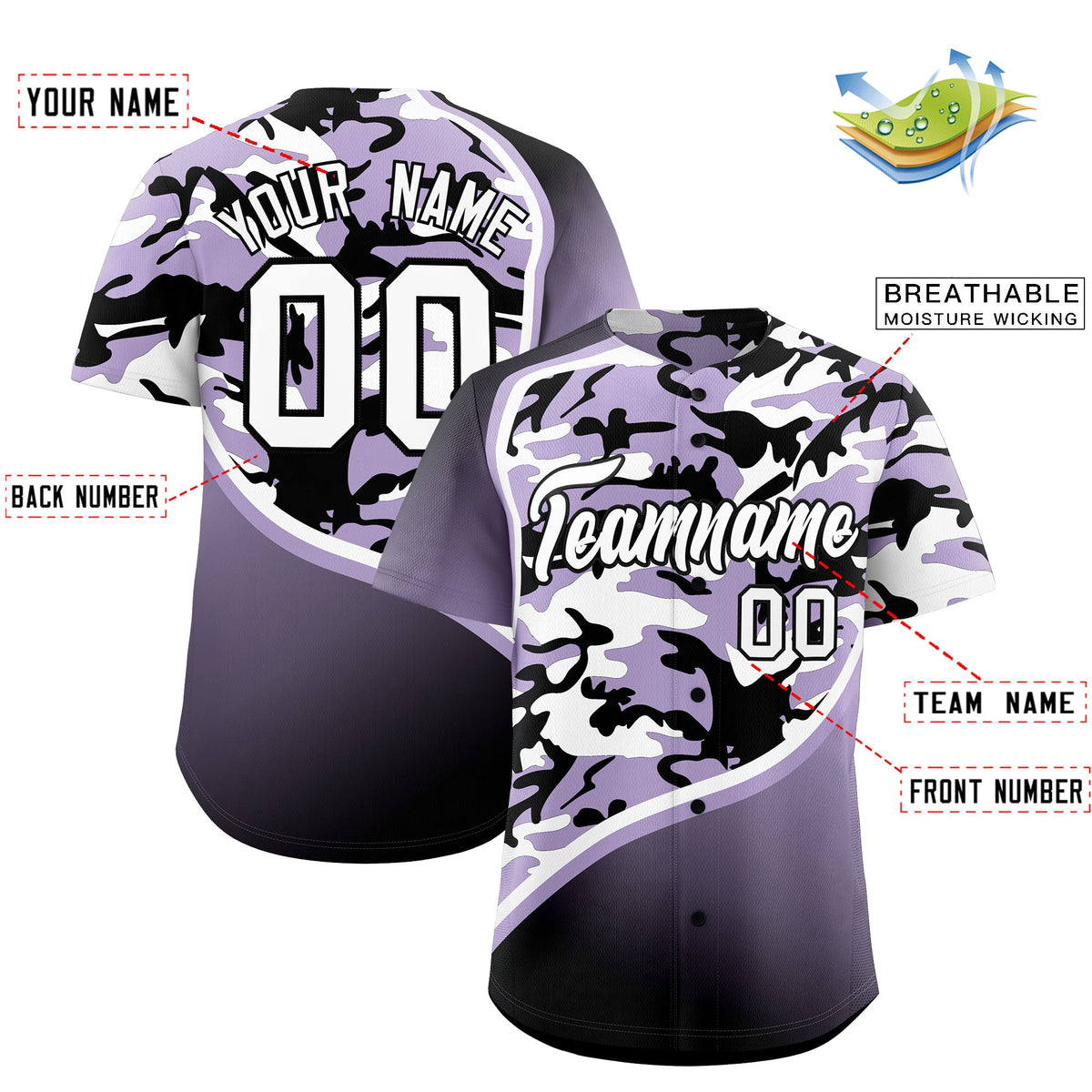 Custom Light Purple Black White Camo Gradient Fashion Baseball Jersey | Perfect for Training,Sublimation Printed &amp; Stitched,Add Name and Numbern,Perfect for Teams | KXKSHOP