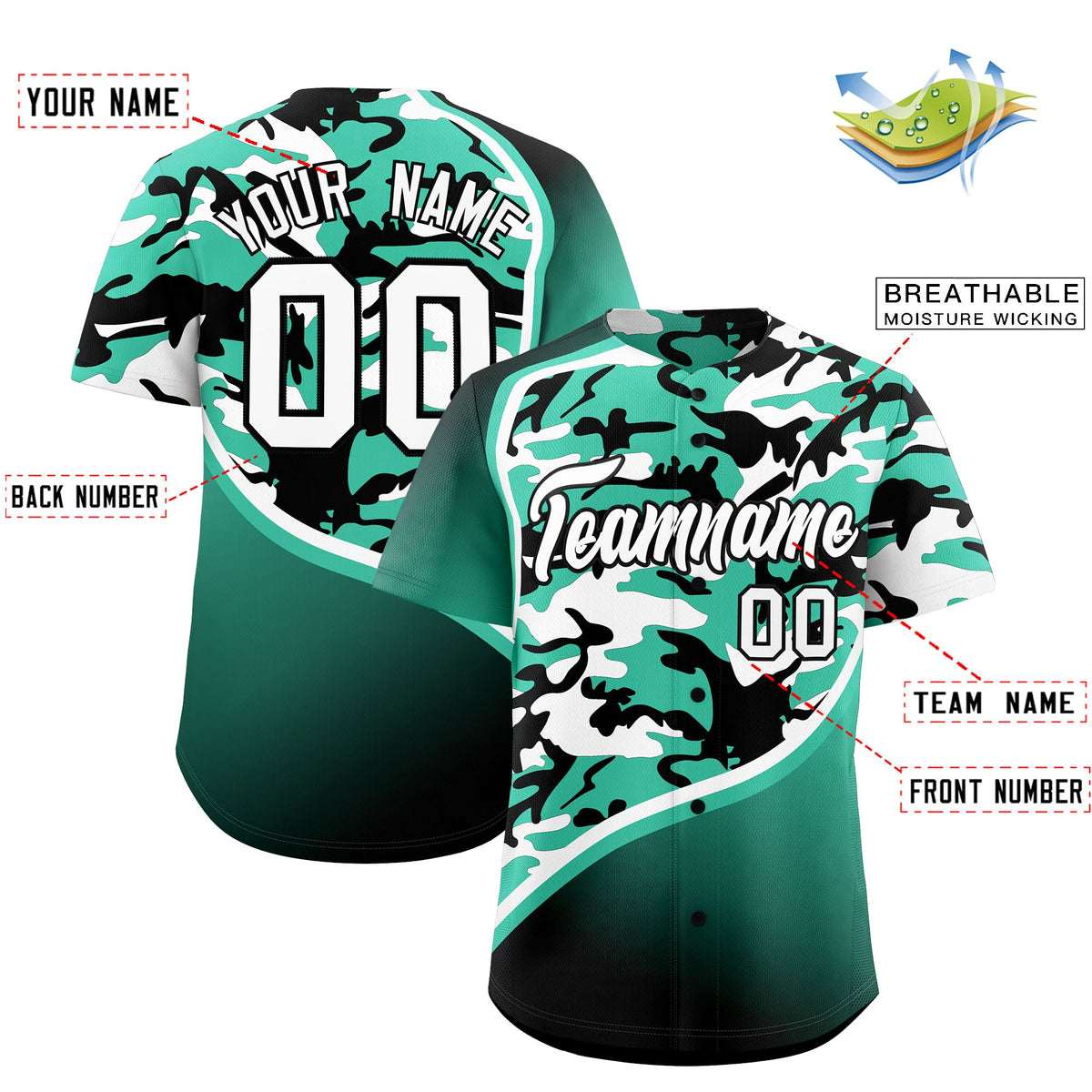 Custom Bright Green Black White Camo Gradient Fashion Baseball Jersey | Perfect for Training,Sublimation Printed &amp; Stitched,Add Name and Numbern,Perfect for Teams | KXKSHOP