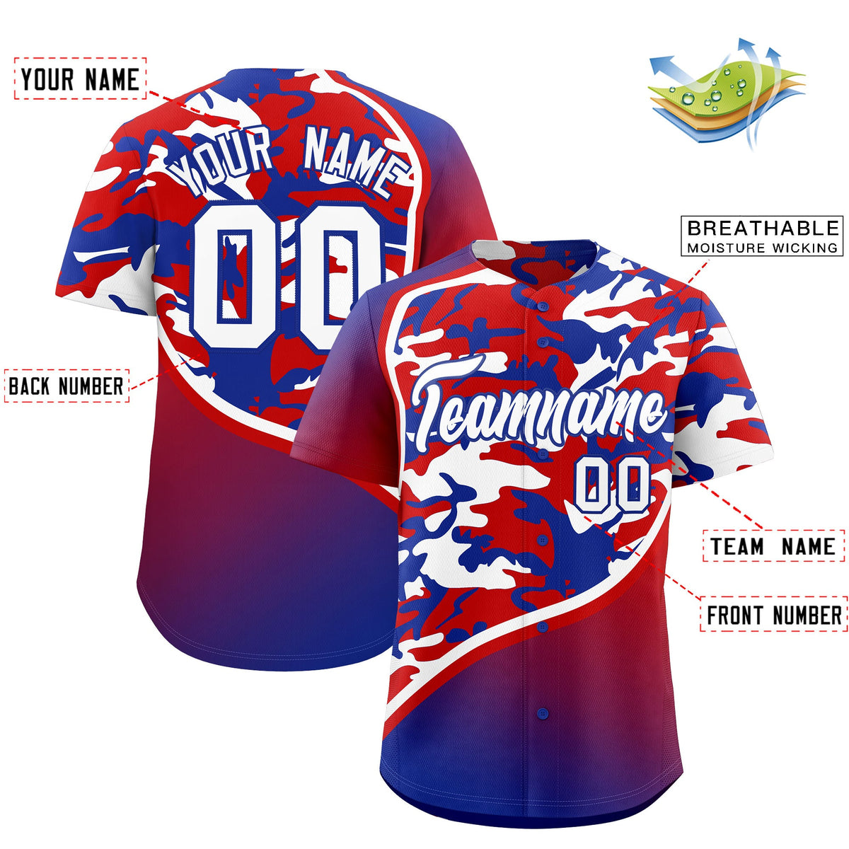 Custom Red White Royal Blue Camo Gradient Fashion Baseball Jersey | Perfect for Training,Sublimation Printed &amp; Stitched,Add Name and Numbern,Perfect for Teams | KXKSHOP