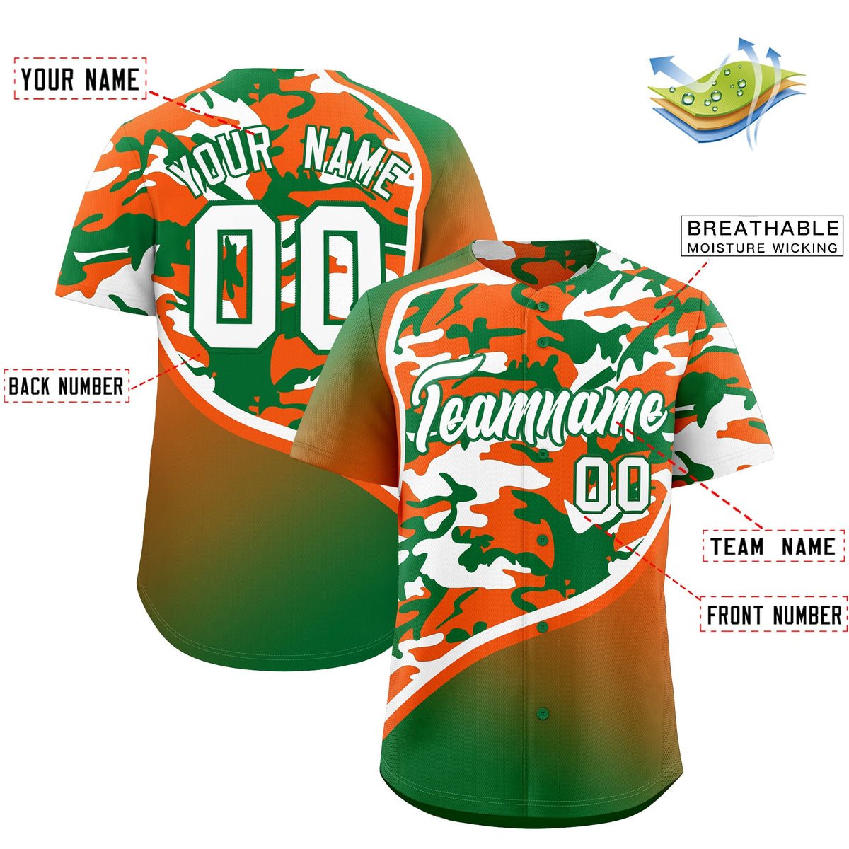 Custom Orange Kelly Green White Camo Gradient Fashion Baseball Jersey | Perfect for Training,Sublimation Printed &amp; Stitched,Add Name and Numbern,Perfect for Teams | KXKSHOP
