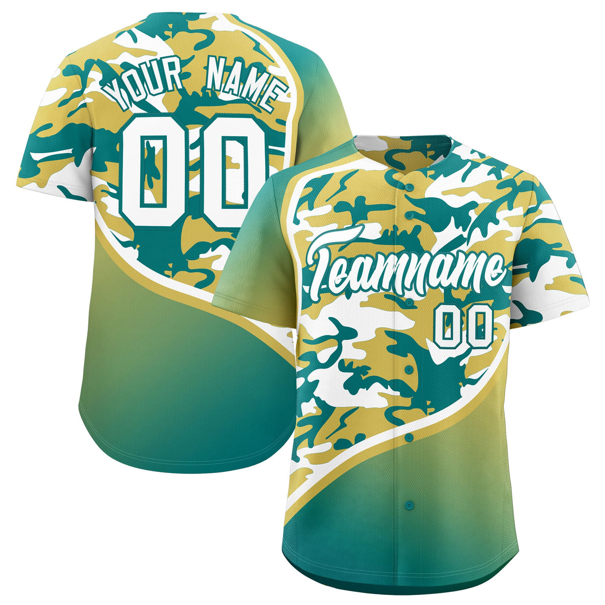 Custom Old Gold Teal White Camo Gradient Fashion Baseball Jersey | Perfect for Training,Sublimation Printed &amp; Stitched,Add Name and Numbern,Perfect for Teams | KXKSHOP