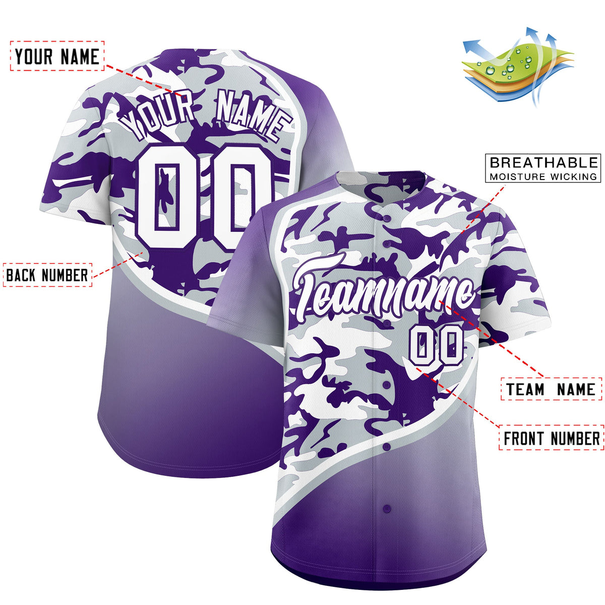 Custom Silver Purple White Camo Gradient Fashion Baseball Jersey | Perfect for Training,Sublimation Printed &amp; Stitched,Add Name and Numbern,Perfect for Teams | KXKSHOP