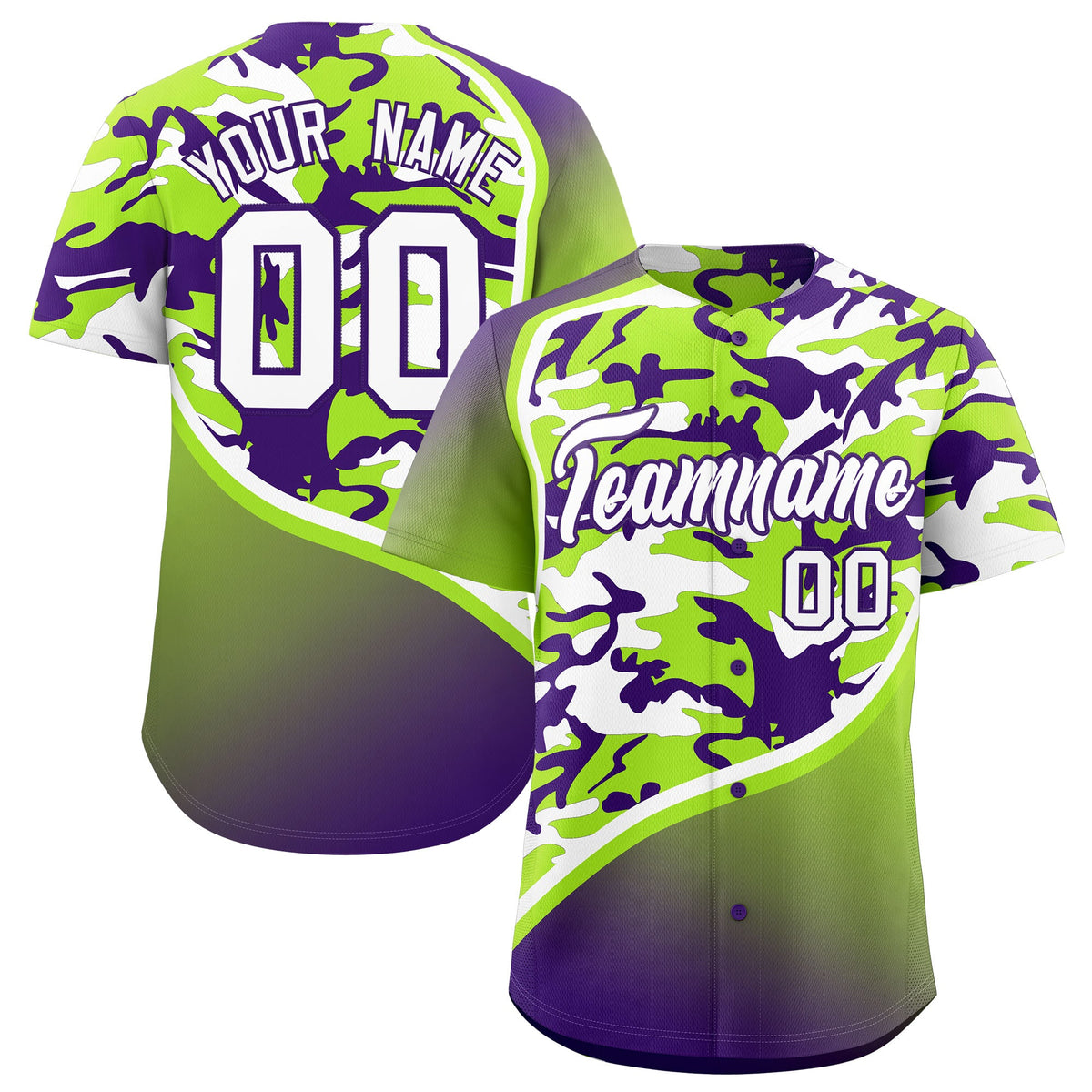 Custom Neon Green Purple White Camo Gradient Fashion Baseball Jersey | Perfect for Training,Sublimation Printed &amp; Stitched,Add Name and Numbern,Perfect for Teams | KXKSHOP