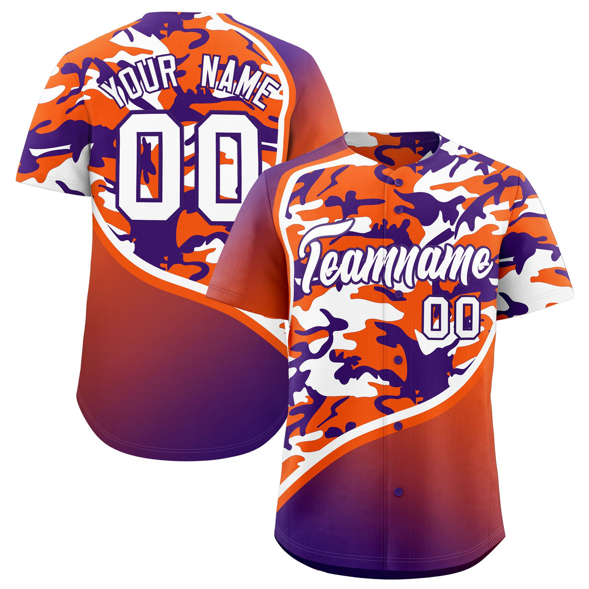 Custom Orange Purple White Camo Gradient Fashion Baseball Jersey | Perfect for Training,Sublimation Printed &amp; Stitched,Add Name and Numbern,Perfect for Teams | KXKSHOP