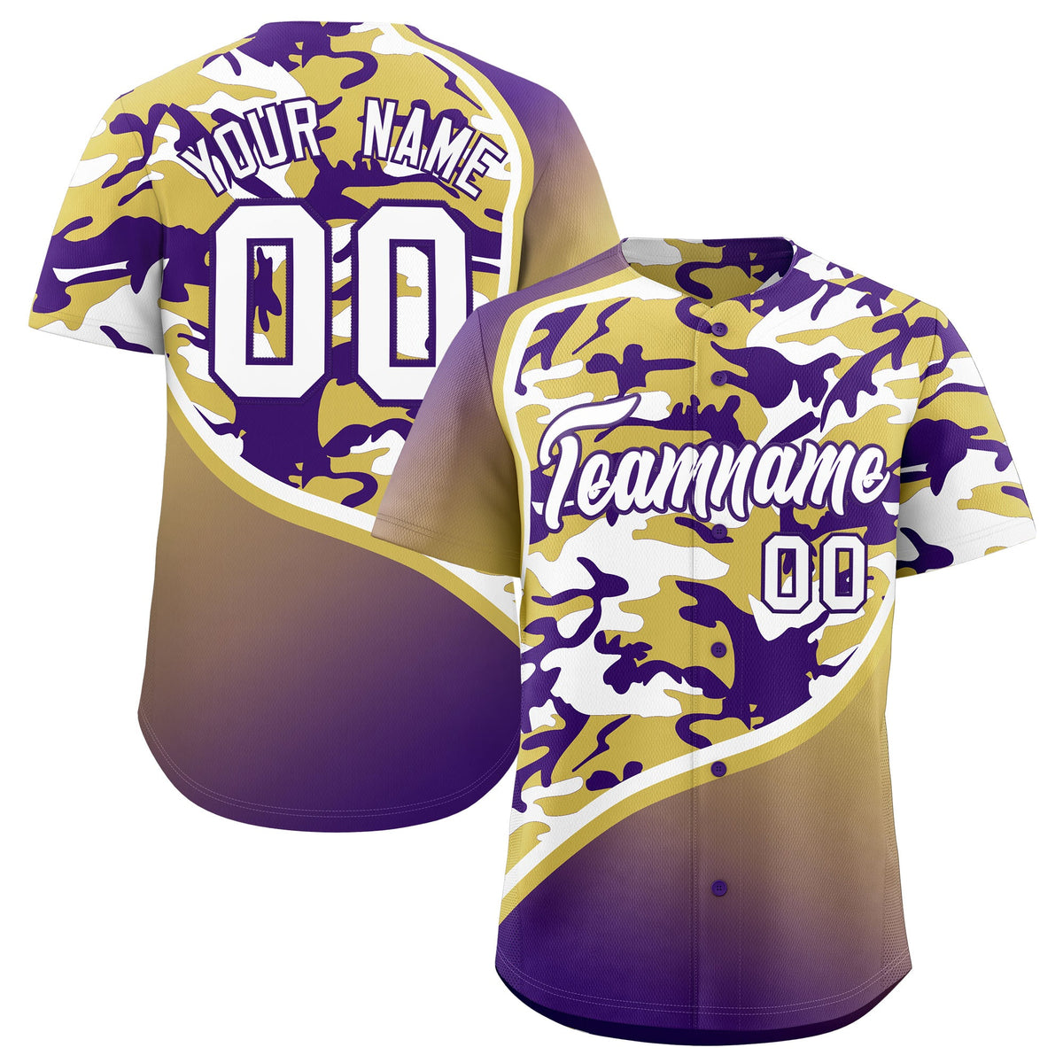 Custom Old Gold Purple White Camo Gradient Fashion Baseball Jersey | Perfect for Training,Sublimation Printed &amp; Stitched,Add Name and Numbern,Perfect for Teams | KXKSHOP