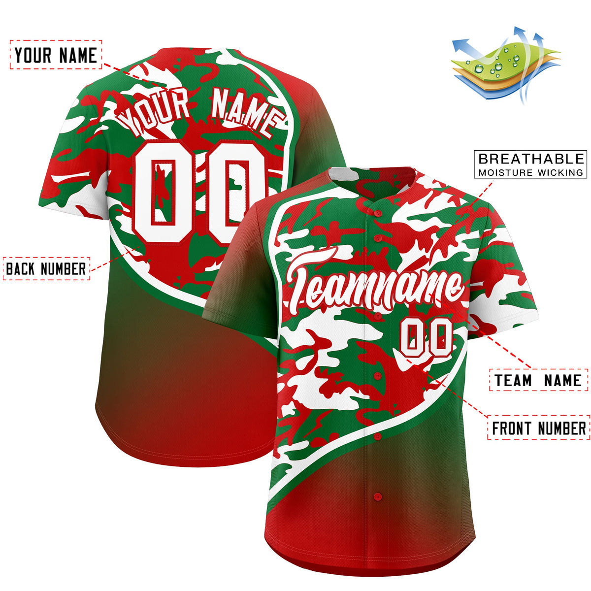 Custom Kelly Green Red White Camo Gradient Fashion Baseball Jersey | Perfect for Training,Sublimation Printed &amp; Stitched,Add Name and Numbern,Perfect for Teams | KXKSHOP