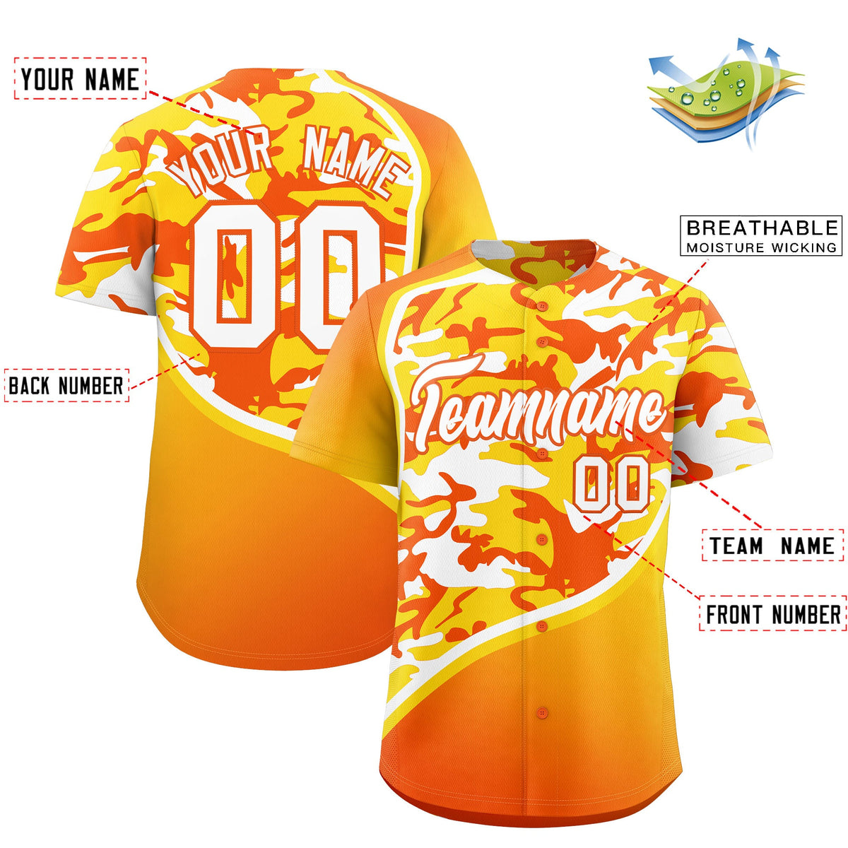 Custom Gold Orange White Camo Gradient Fashion Baseball Jersey | Perfect for Training,Sublimation Printed &amp; Stitched,Add Name and Numbern,Perfect for Teams | KXKSHOP
