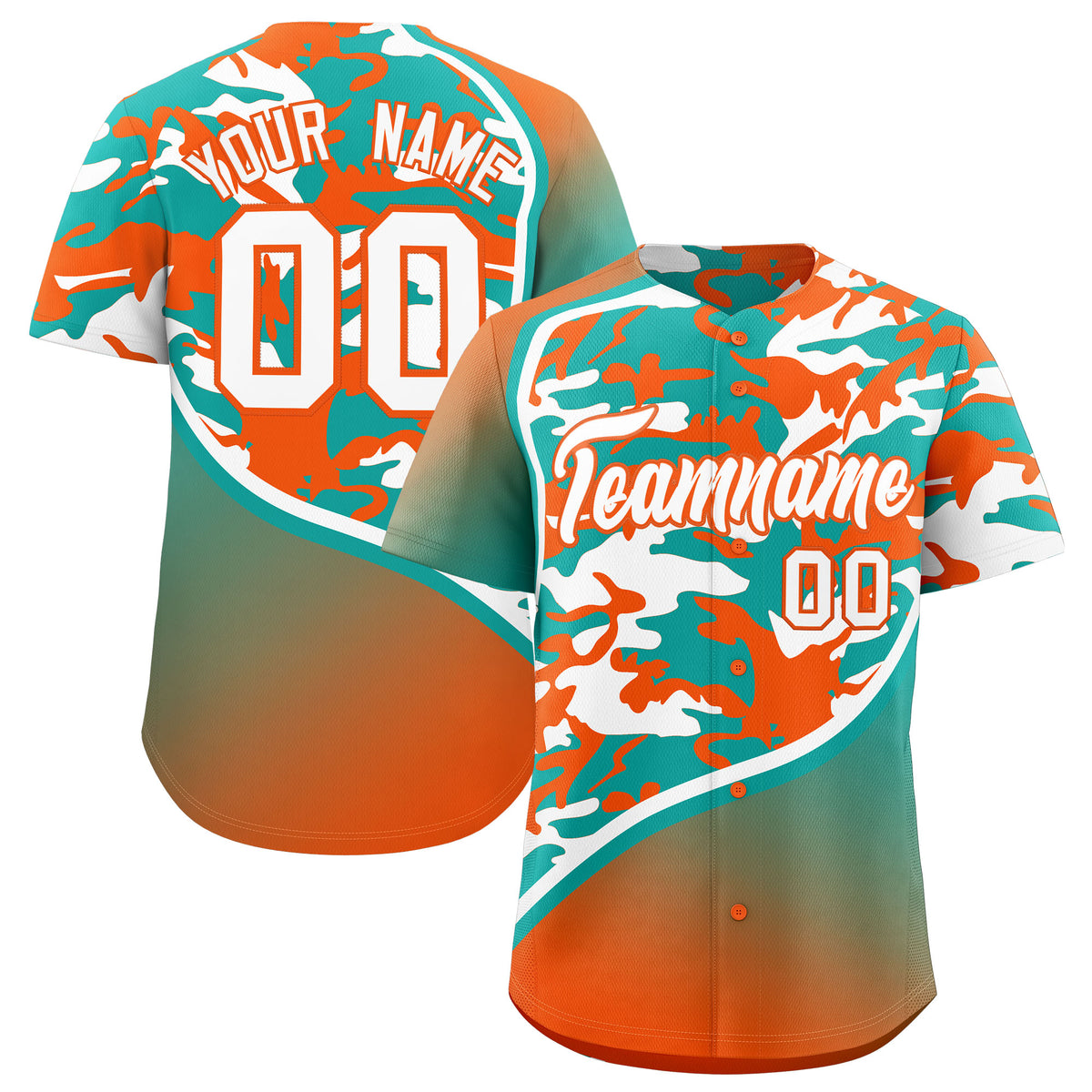 Custom Aqua White Orange Camo Gradient Fashion Baseball Jersey