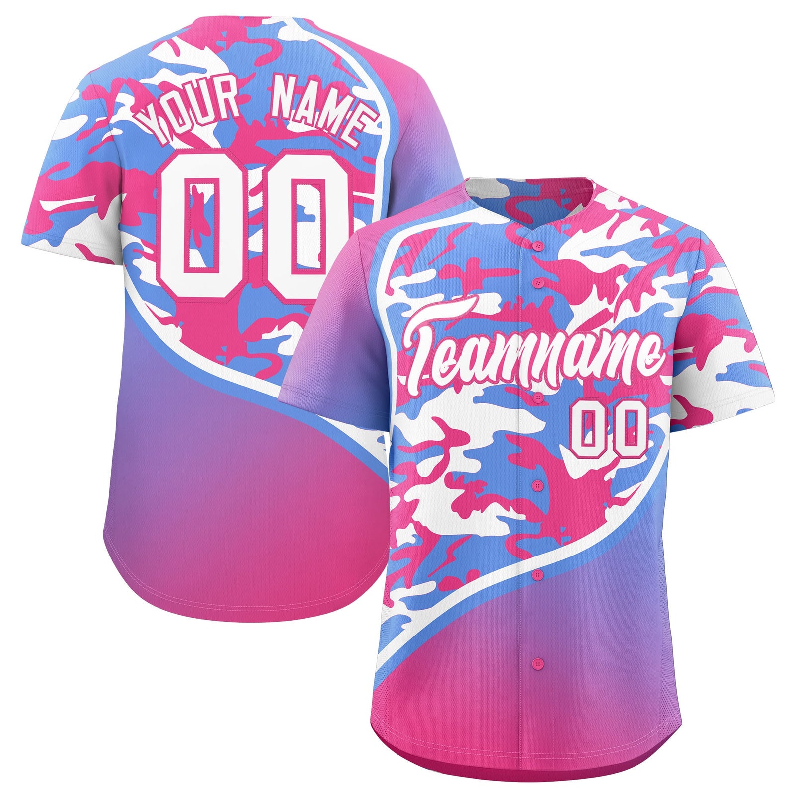 Custom Light Blue Pink White Camo Gradient Fashion Baseball Jersey | Perfect for Training,Sublimation Printed & Stitched,Add Name and Numbern,Perfect for Teams | KXKSHOP