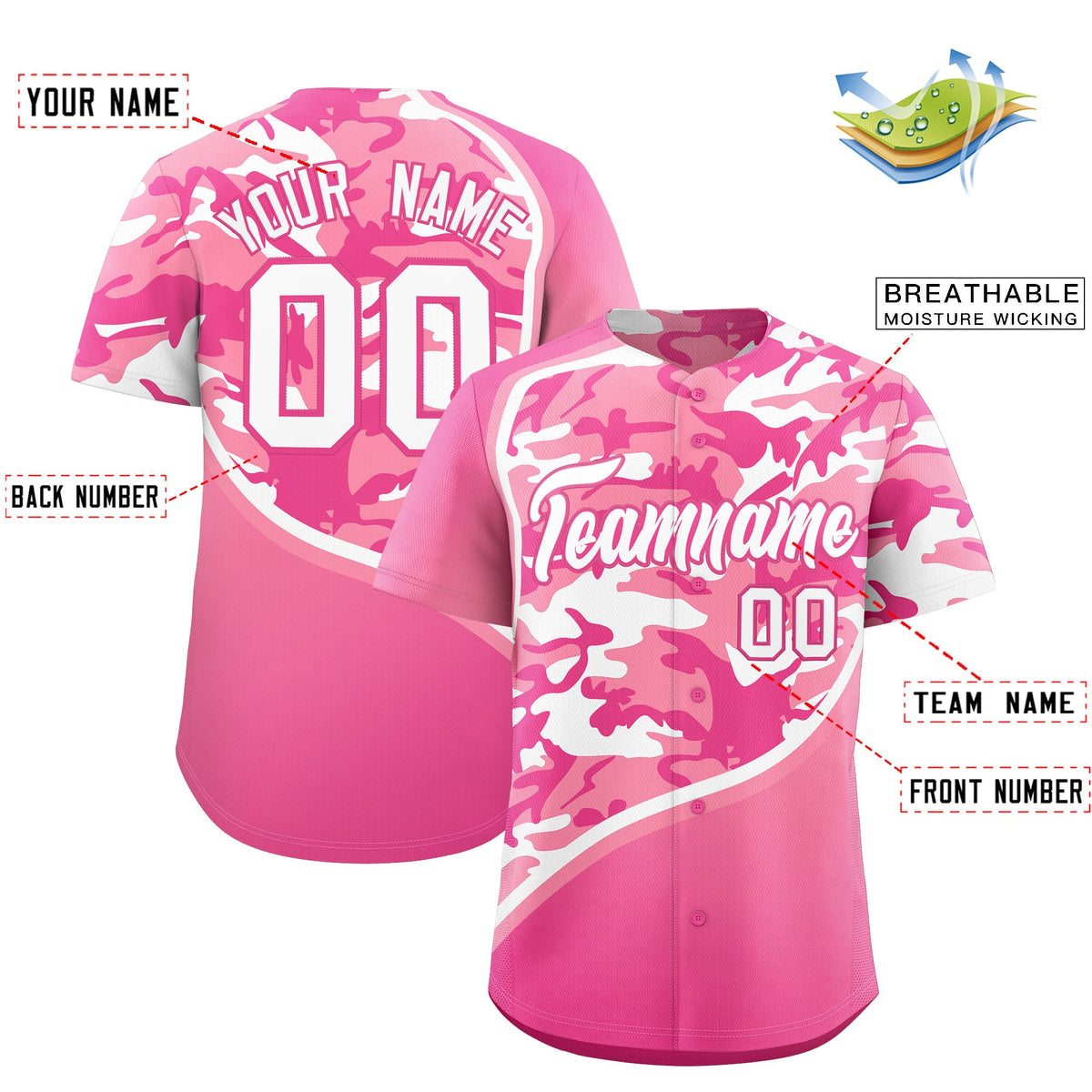 Custom Light Pink Pink White Camo Gradient Fashion Baseball Jersey | Perfect for Training,Sublimation Printed &amp; Stitched,Add Name and Numbern,Perfect for Teams | KXKSHOP