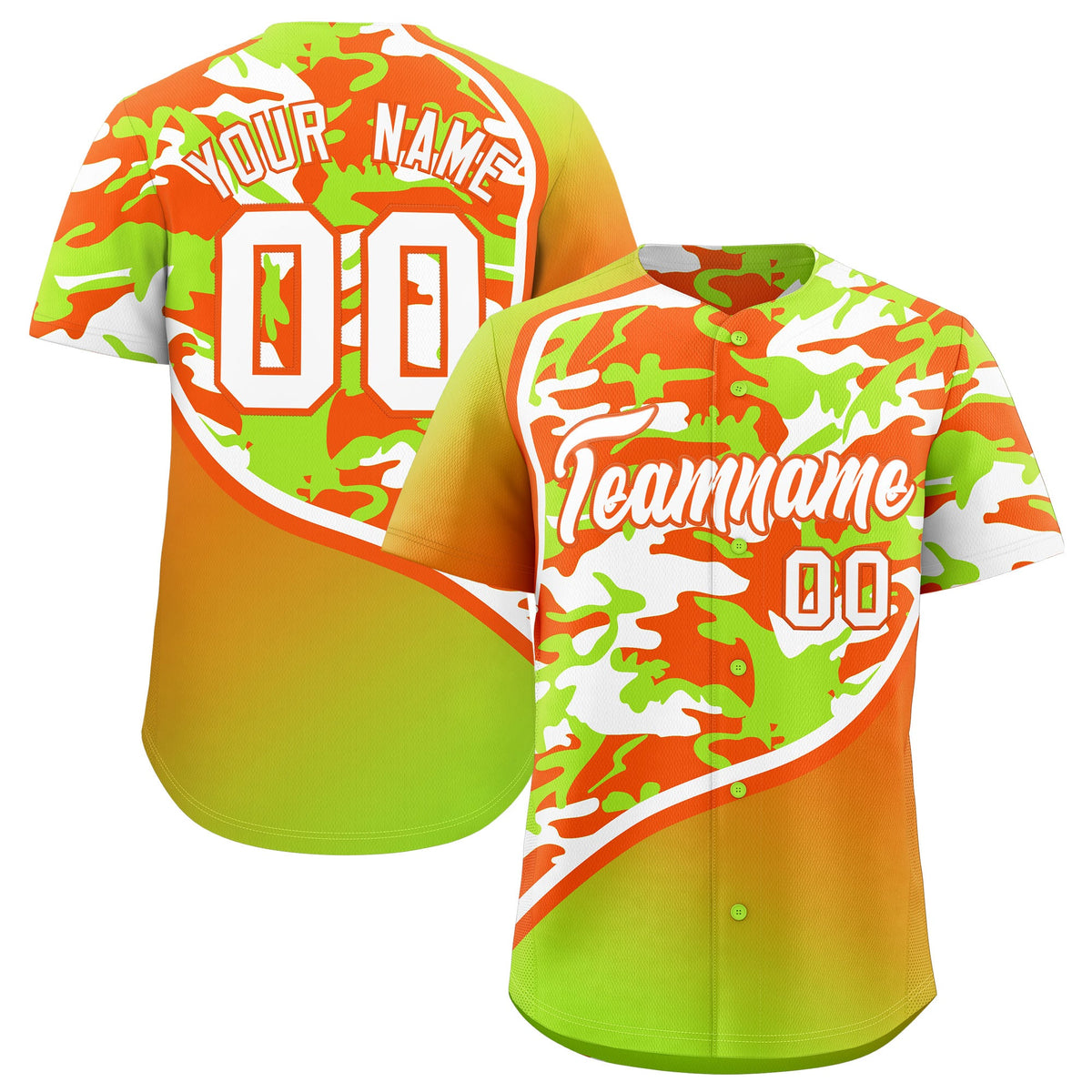 Custom Neon Green Orange White Camo Gradient Fashion Baseball Jersey | Perfect for Training,Sublimation Printed &amp; Stitched,Add Name and Numbern,Perfect for Teams | KXKSHOP