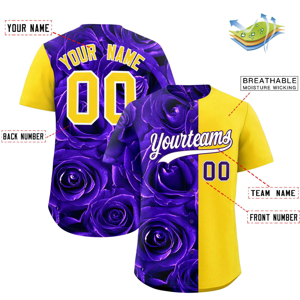 Custom Purple Gold Split Rose Print Authentic Baseball Jersey