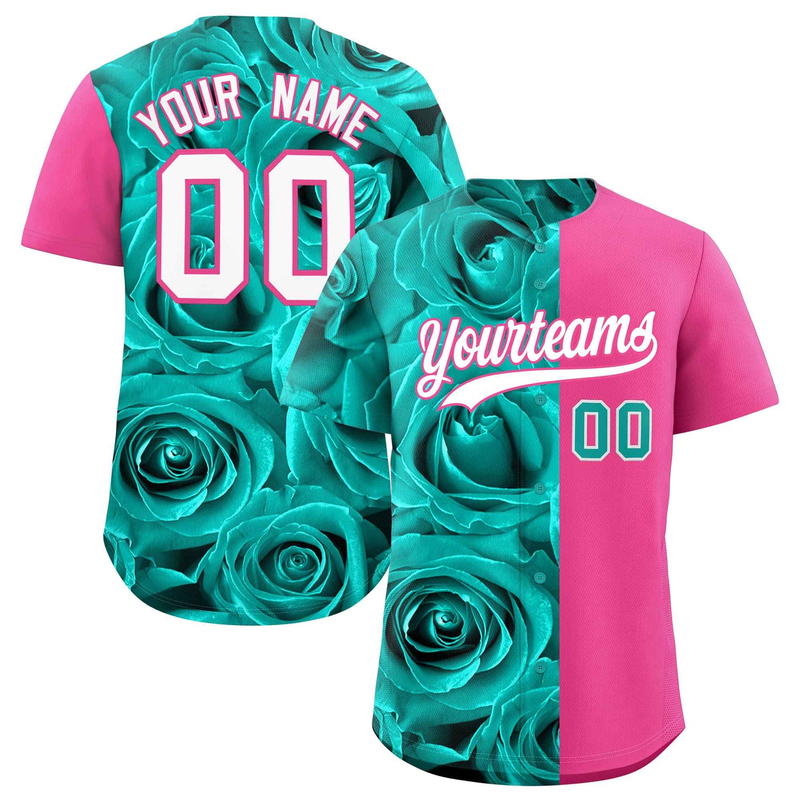 Custom Aqua Pink Split Rose Print Authentic Baseball Jersey