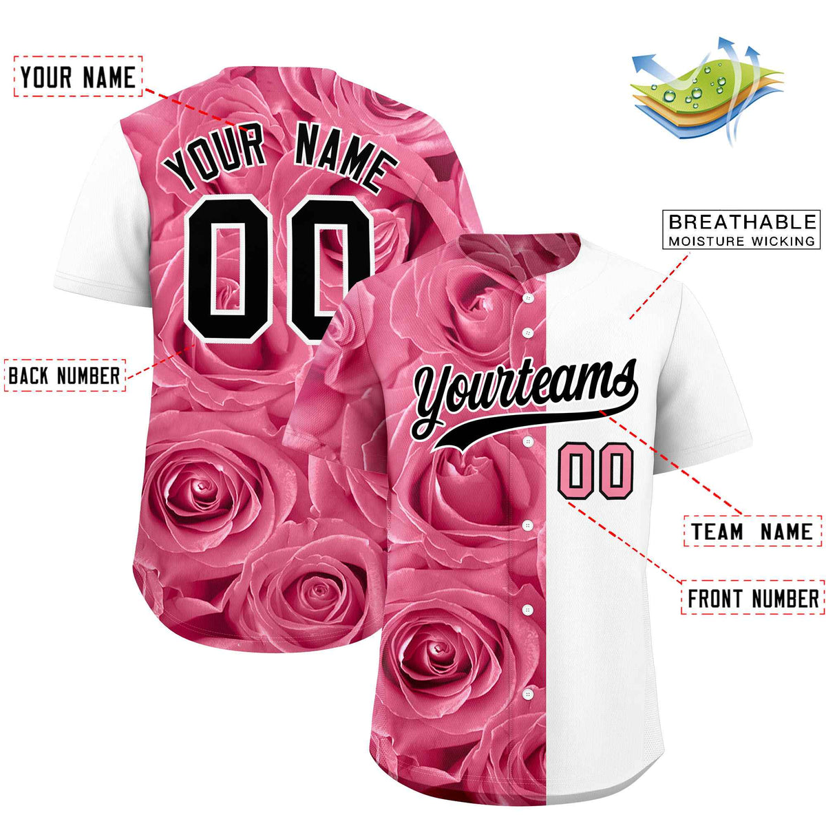 Custom Light Pink White Split Rose Print Authentic Baseball Jersey