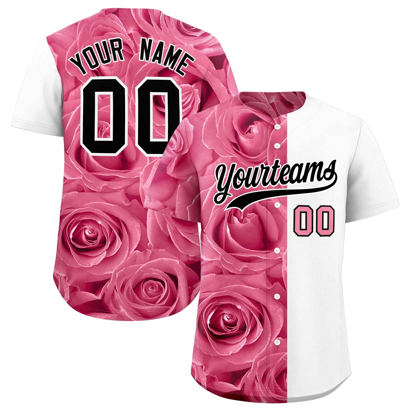 Custom Light Pink White Split Rose Print Authentic Baseball Jersey