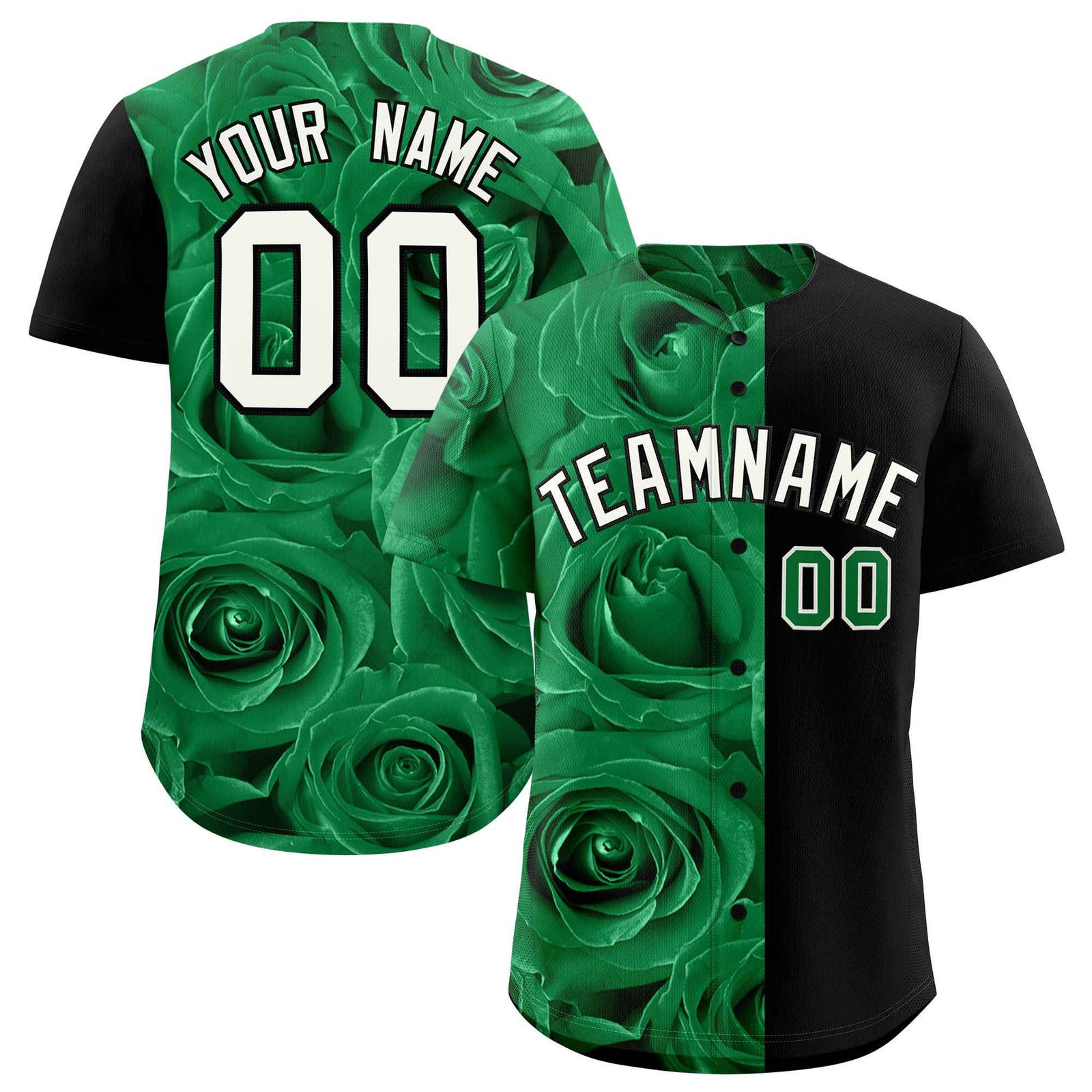 Custom Kelly Green Black Split Rose Print Authentic Baseball Jersey