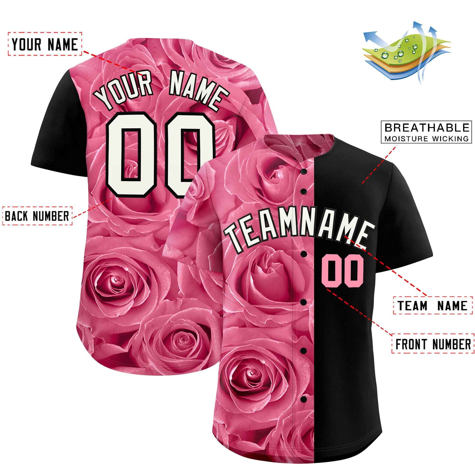 Custom Light Pink Black Split Rose Print Authentic Baseball Jersey