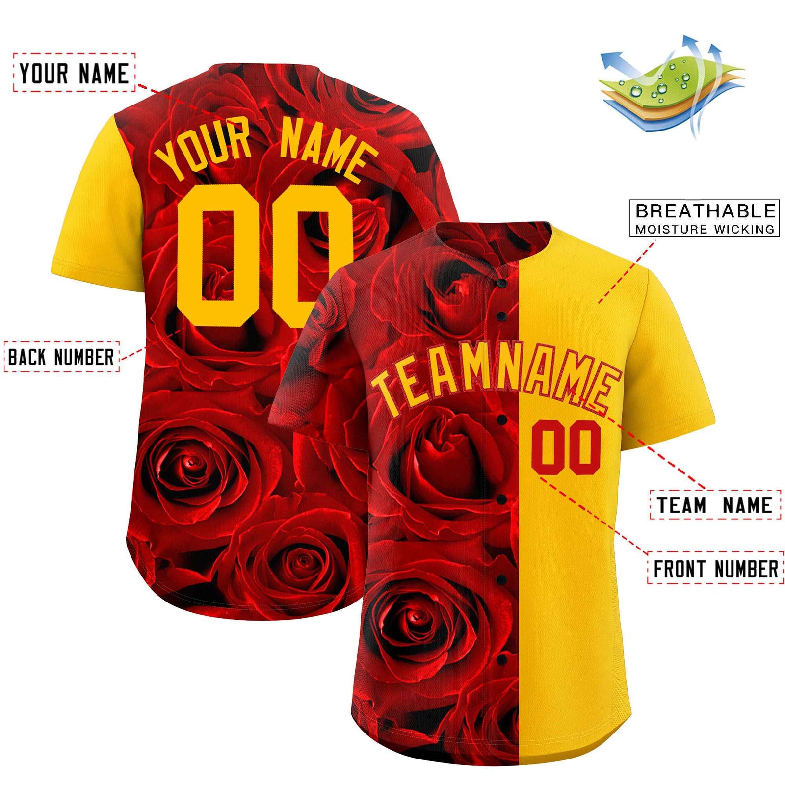Custom Red Yellow Split Rose Print Authentic Baseball Jersey