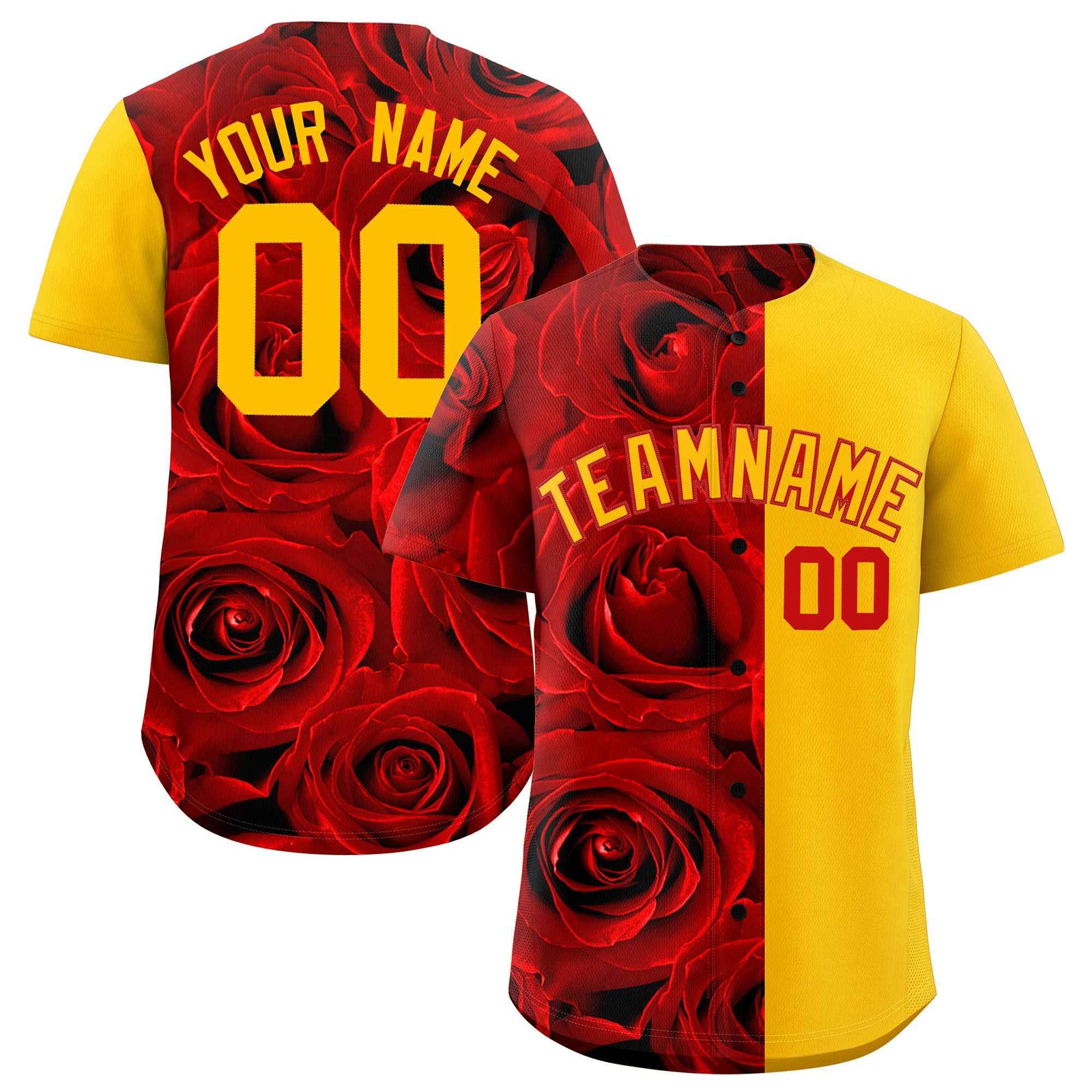 Custom Red Yellow Split Rose Print Authentic Baseball Jersey