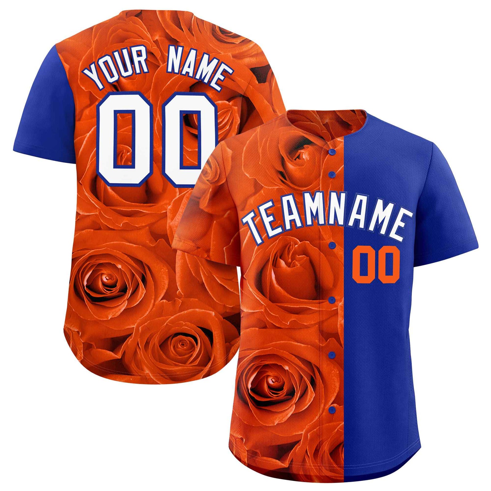 Custom Orange Royal Split Rose Print Authentic Baseball Jersey