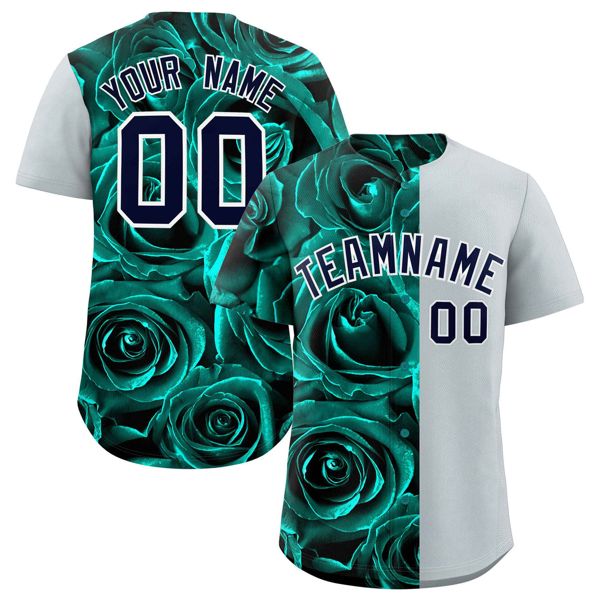 Custom Aqua Silver Split Rose Print Authentic Baseball Jersey