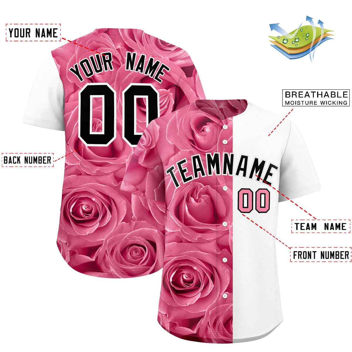 Custom Light Pink White Split Rose Print Authentic Baseball Jersey